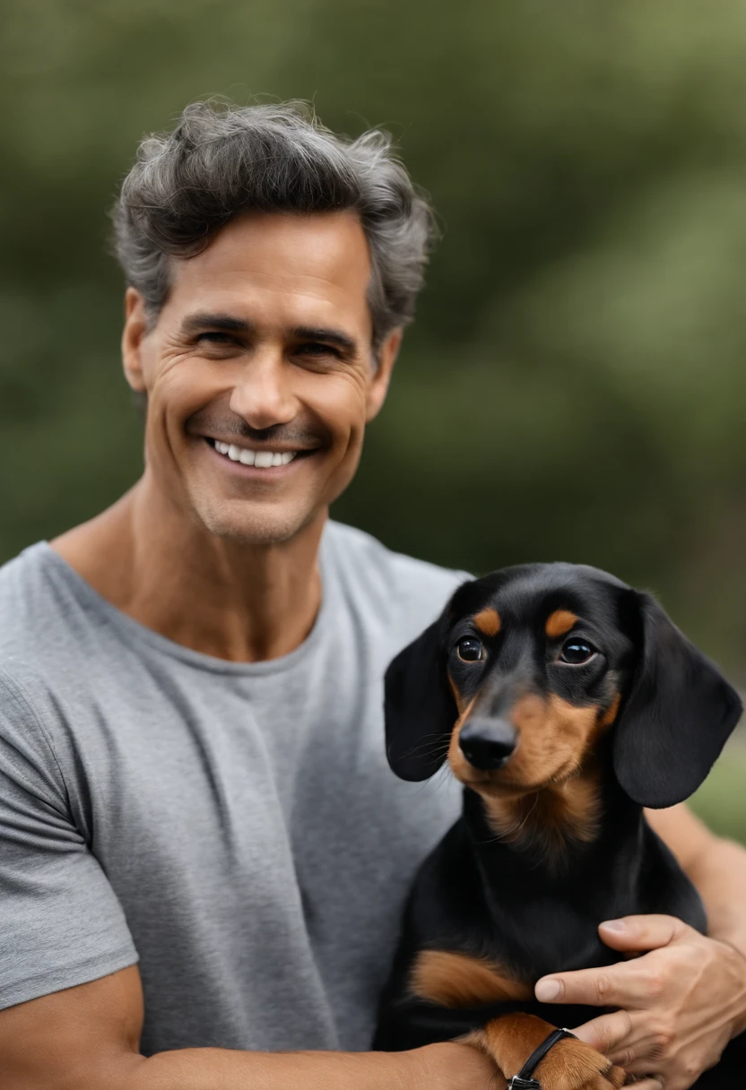 pixar Casal com um cachorro dachshund preto e caramelo. A mulher tem os cabelos cacheados, Camiseta cinza e jeans claros. O homem magro de cabelos pretos liso e curto com cabelos grisalhos, bigode e cavanhaque finos e curtos, Dark blue jeans and gray t-shirt. They are both smiling and are 40 years old
