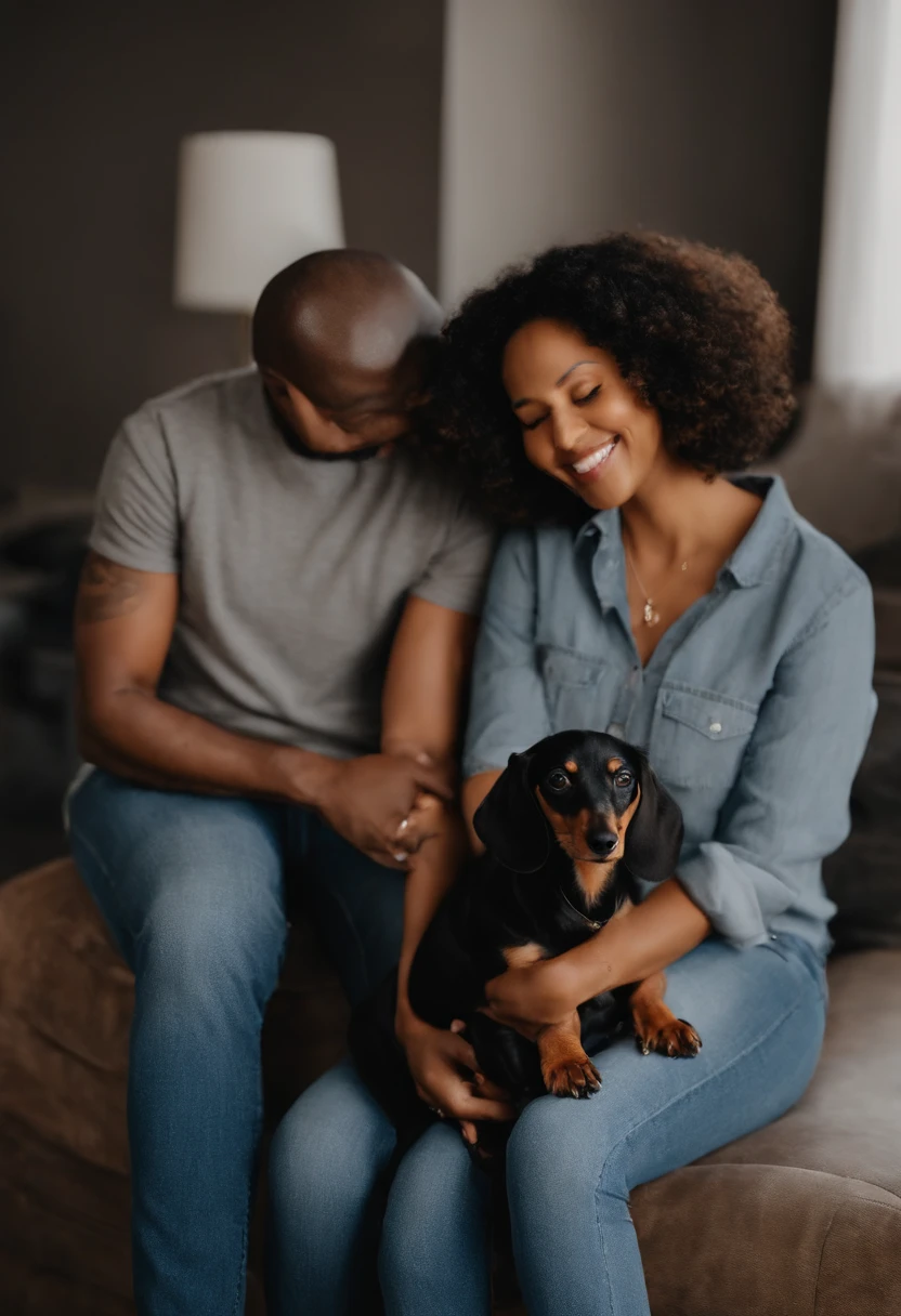 pixar Casal com um cachorro dachshund preto e caramelo. A mulher tem os cabelos cacheados, Camiseta cinza e jeans claros. O homem magro de cabelos pretos liso e curto com cabelos grisalhos, bigode e cavanhaque finos e curtos, Dark blue jeans and gray t-shirt. They are both smiling and are 40 years old