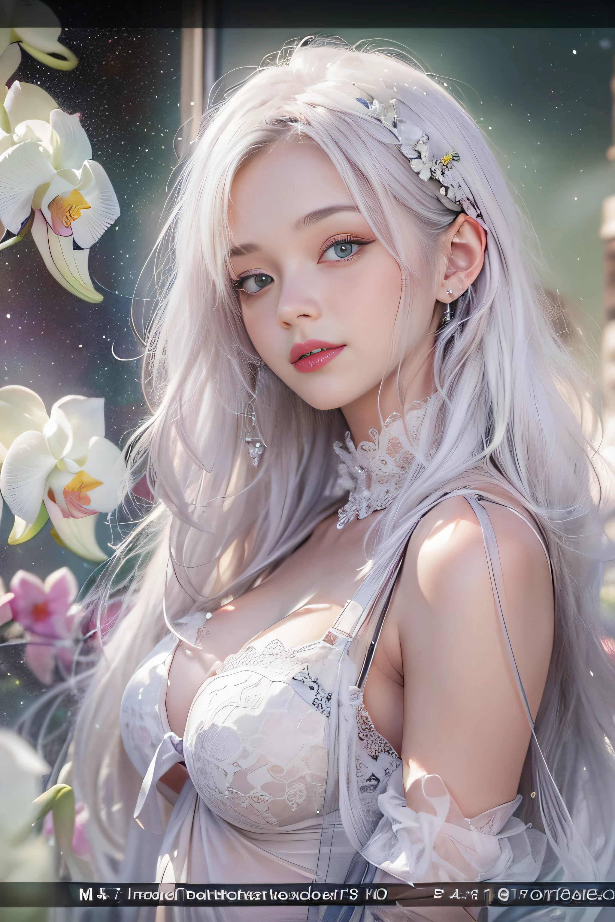 ((tmasterpiece:1.4)、(top-quality:1.4)、(reallistic:1.7))、By Luis Royo(By Luis Royo)Surreal portrait of a beautiful girl、Super beautiful girl、((1girl in:1.4))、Shiny natural skin texture、Authors:By Luis Royo(By Luis Royo)、age19、(Two arms:1.4、Two legs:1.4)、(perfect anatomia:1.4)、(Perfect female body:1.4)、Portrait photo of a girl、Close-up photos、Full body shooting、((masutepiece:1.4), (of the highest quality:1.4), (Realistic:1.7), By Luis Royo, Beautiful Girl, Super beautiful girl, ((1girl in:1. 4), Shiny natural skin texture, Authors: By Luis Royo, 19 years old, (Perfect female body: 1.4), (Perfect female body: 1.) 4), Portrait photo of a girl, Close-up photos, (Full body photo), Fantasy Art, Soft front light, Beautiful expression, Kawaii face, Beautiful breasts, Large Full Breasted: 1. 2, Beautiful buttocks, Fine eyes, Clear and eye-catching, beautiful and alluring, Beautiful eyes, thin waist, Raw photo, Red lips, ((White hair, Long hair)) , 1 Screen View, ), (sexyposture), (the milky way in the sky),((T-back panties))、((White garters and garter belts))、(A smile)、((Vaginal orchids))、((erection))