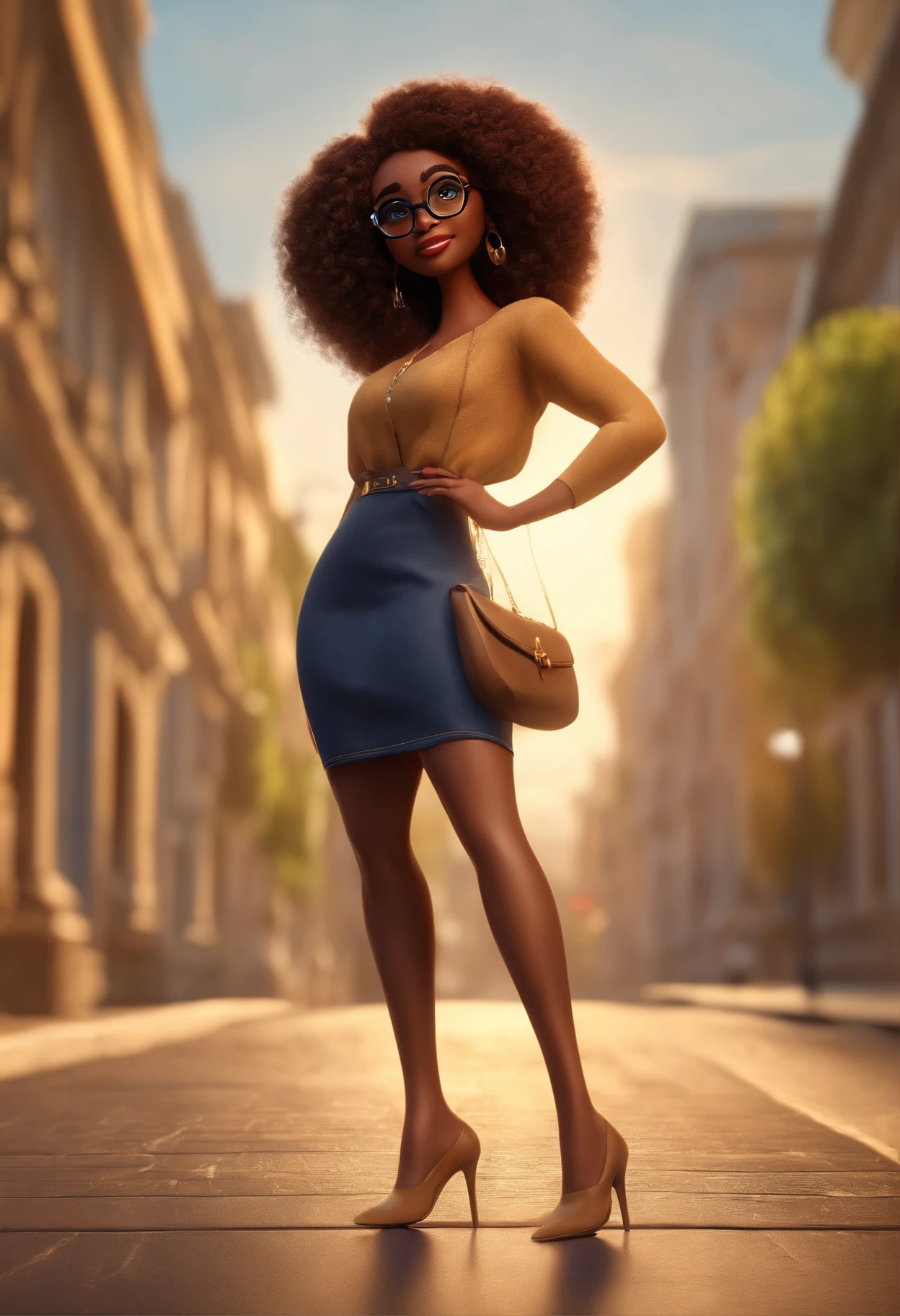 Cartoon character of a black woman with medium brown curly hair with long golden tips, up to waist height, nariz largo, with black glasses and a Wicca dress, animation character, Caractere estilizado, animation style rendering, 3D estilizado, Arnold Maya render, 3 d render stylized, toon render keyshot, Personagem 3D, Personagem 3D, 3d rendering stylized, 3 d character render, personagem de desenho animado, Personagem de close up, Pose de personagem, (Estilo Pixar) (master part:1.2) (Bokeh) (best quality) (pele detalhada) (textura detalhada) (8k) (argila) (Cinematic lighting) (foco nítido