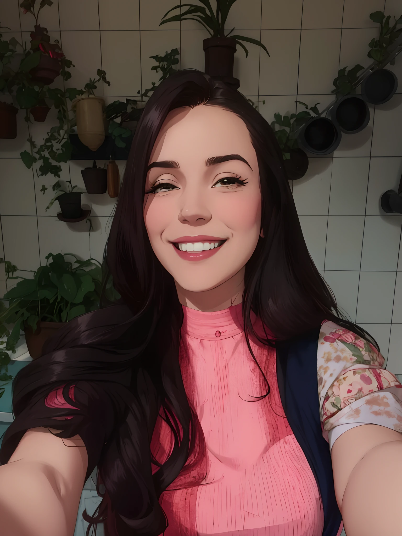 Smiling woman in pink top and suspenders taking selfie in kitchen, Directed by: Nandor Soldier, Valentina Embaralhamento, by Amelia Peláez, fernanda suarez, bonito e sorridente, Malika Favre, lovely smile, Alanis Guillen, sorriso bonito, Marischa Becker, She is grinning, Directed by: Luis Miranda, Adriana DXIM