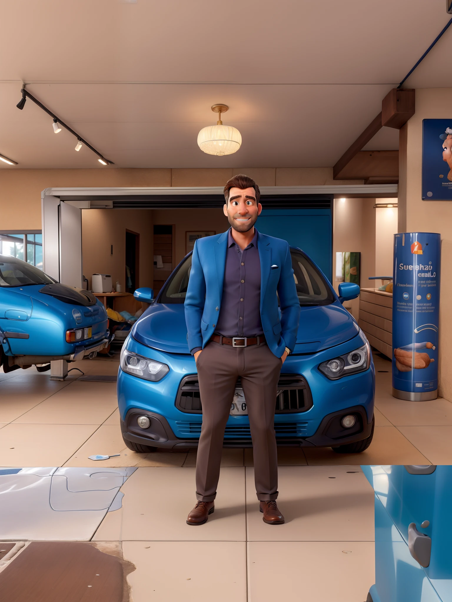 Obra-prima, de melhor qualidade, um homem de cabelo escuro, blue jacket, em frente a uma loja de carros chamada caldarelli veiculos