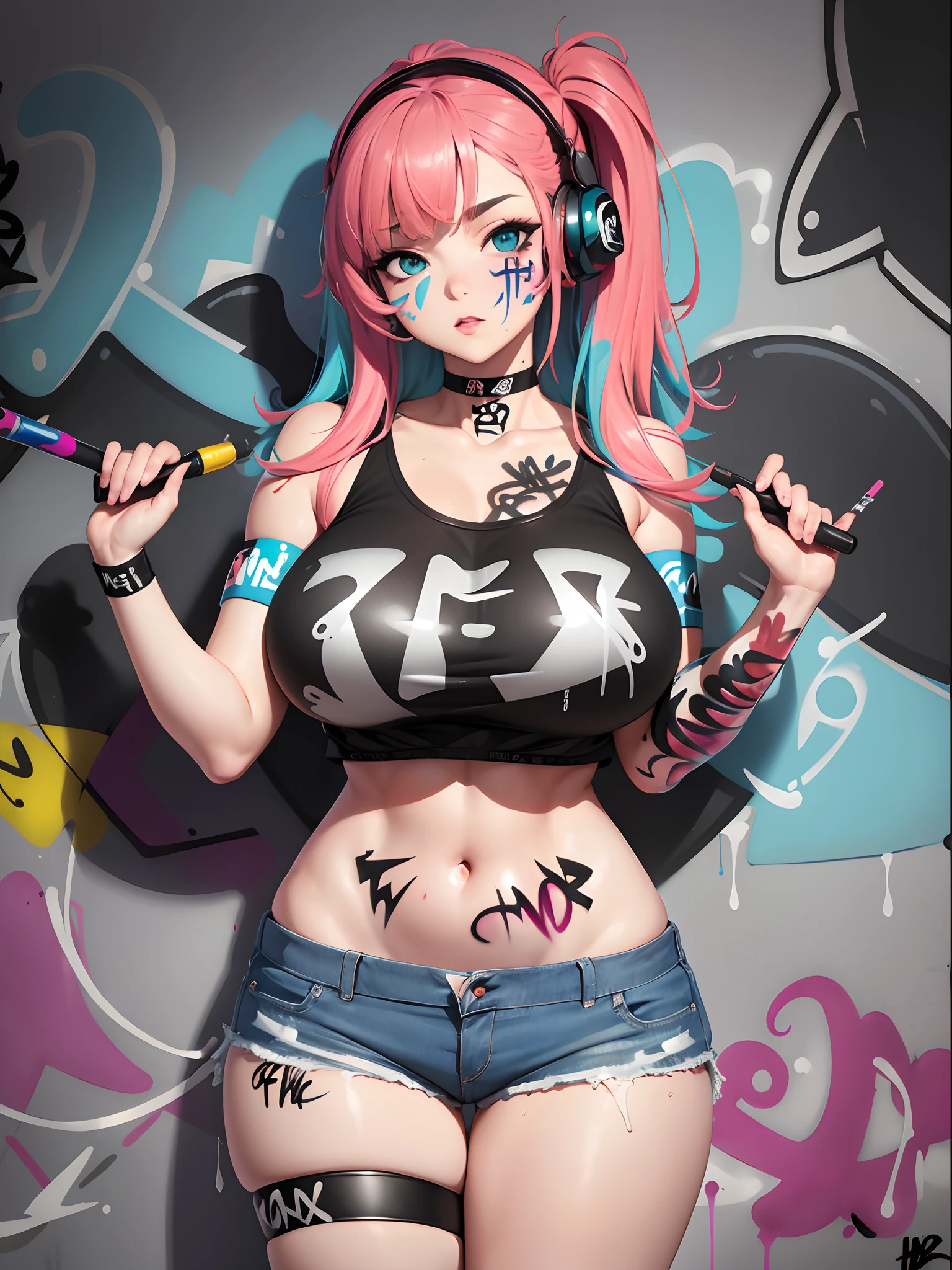 Obra maestra, La mejor calidad, Chica BBW, solamente, Recortar arriba, pantalones cortos de mezclilla, gargantilla, (Graffiti:1.5), salpicaduras de pintura, arms behind back, Rear view, Mirando al espectador, brazalete, Correa para el muslo, pintura en el cuerpo, head bowing, aburrido, cabello multicolor, aqua eyes, auriculares de casco,