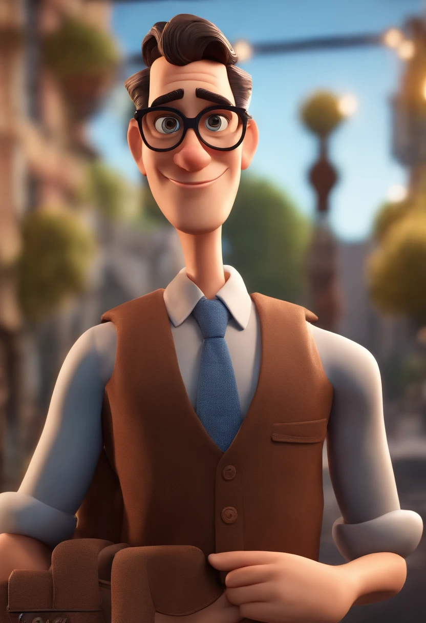 Cartoon character of a man with black glasses, cabelo curto marrom escuro, barba branca, rosto redondo e uma camisa azul, animation character, Caractere estilizado, animation style rendering, 3D estilizado, Arnold Maya render, 3 d render stylized, toon render keyshot, Personagem 3D, Personagem 3D, 3d rendering stylized, 3 d character render, personagem de desenho animado, Personagem de close up, Pose de personagem,  (Estilo Pixar) (master part:1.2) (Bokeh) (best quality) (pele detalhada) (textura detalhada) (8k) (argila) (Cinematic lighting) (foco nítido