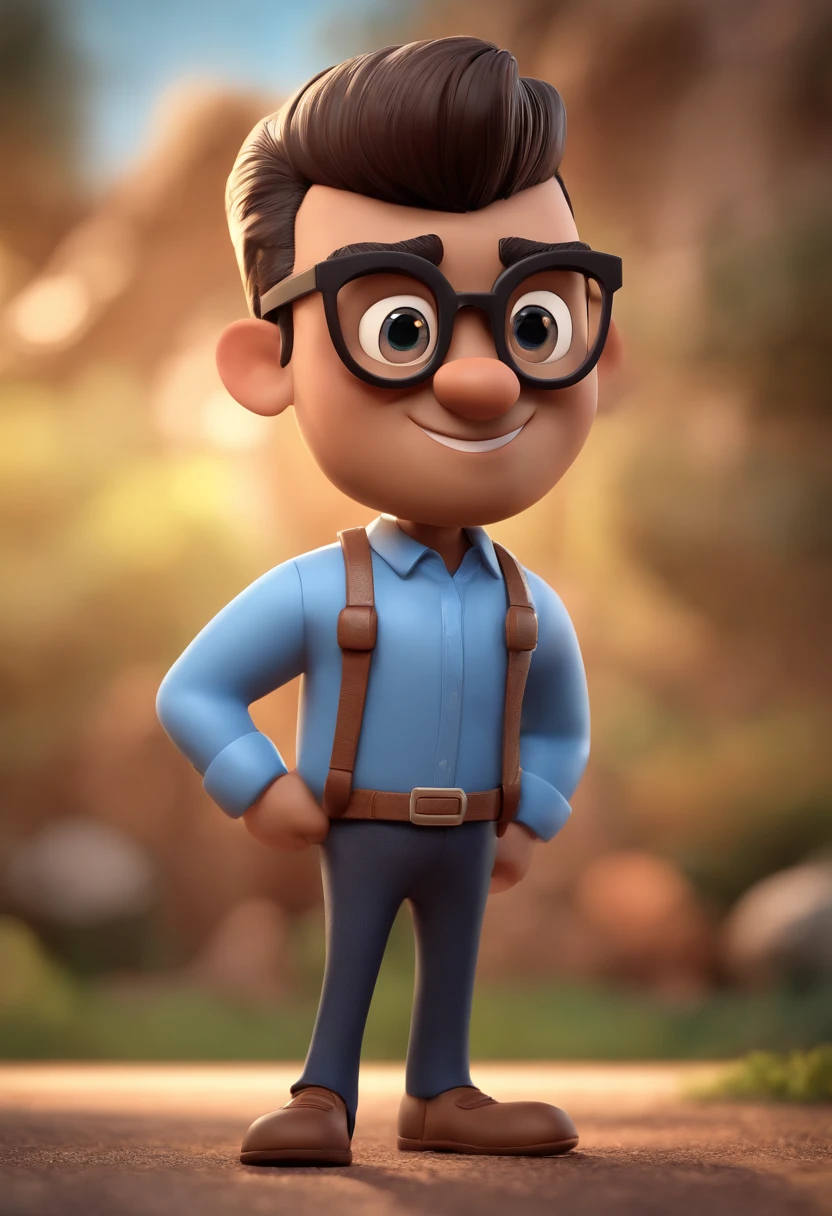 Cartoon character of a man with black glasses, cabelo curto marrom escuro, barba branca, rosto redondo e uma camisa azul, animation character, Caractere estilizado, animation style rendering, 3D estilizado, Arnold Maya render, 3 d render stylized, toon render keyshot, Personagem 3D, Personagem 3D, 3d rendering stylized, 3 d character render, personagem de desenho animado, Personagem de close up, Pose de personagem, (Estilo Pixar) (master part:1.2) (Bokeh) (best quality) (pele detalhada) (textura detalhada) (8k) (argila) (Cinematic lighting) (foco nítido