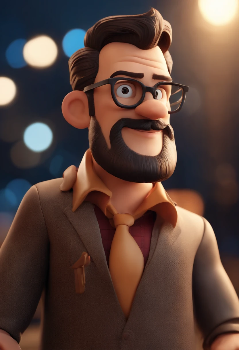 Cartoon character of a man with black glasses, cabelo curto marrom escuro, barba branca, rosto redondo e uma camisa azul, animation character, Caractere estilizado, animation style rendering, 3D estilizado, Arnold Maya render, 3 d render stylized, toon render keyshot, Personagem 3D, Personagem 3D, 3d rendering stylized, 3 d character render, personagem de desenho animado, Personagem de close up, Pose de personagem, (Estilo Pixar) (master part:1.2) (Bokeh) (best quality) (pele detalhada) (textura detalhada) (8k) (argila) (Cinematic lighting) (foco nítido