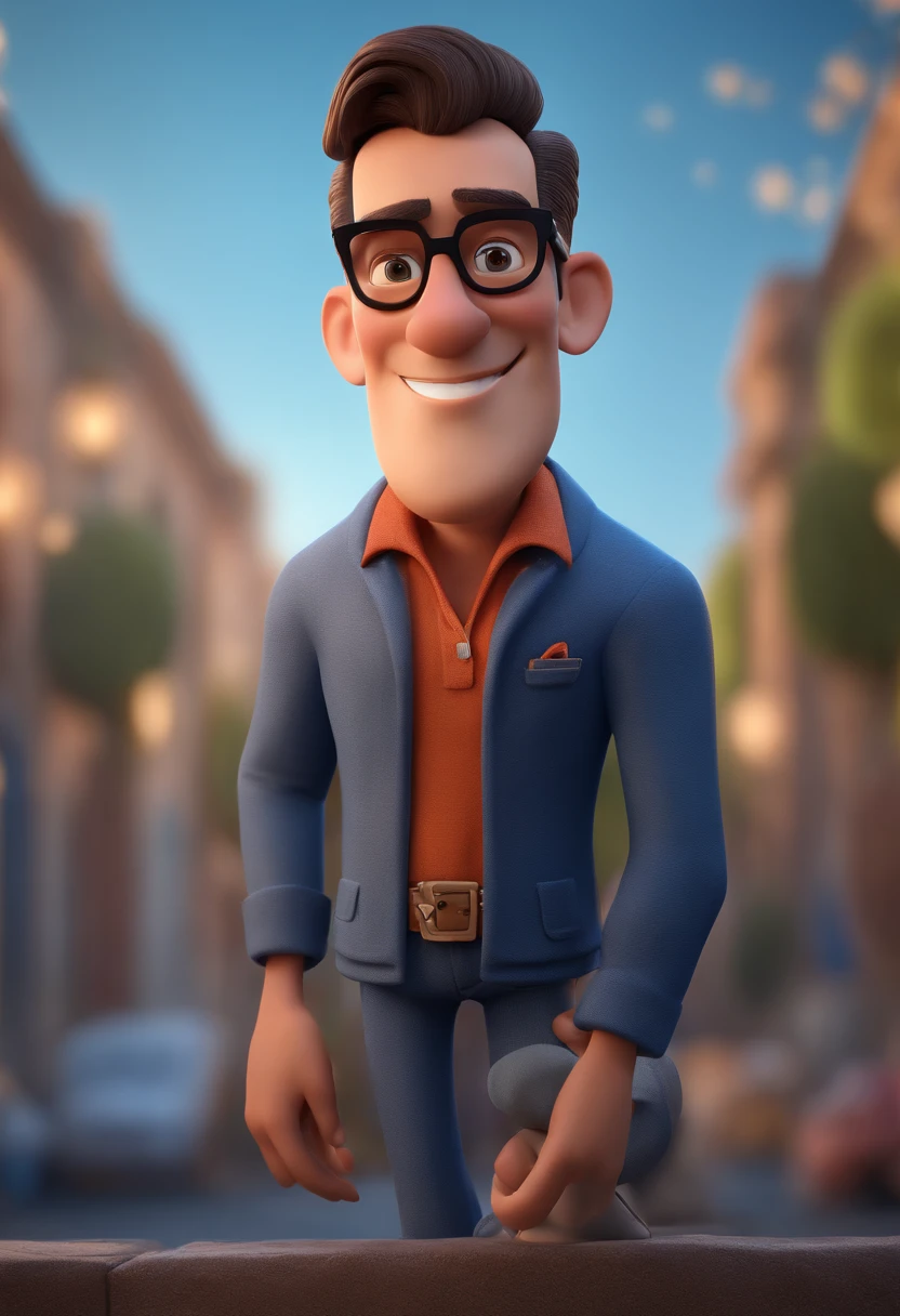 Cartoon character of a man with black glasses and a blue shirt, animation character, Caractere estilizado, animation style rendering, 3D estilizado, Arnold Maya render, 3 d render stylized, toon render keyshot, Personagem 3D, Personagem 3D, 3d rendering stylized, 3 d character render, personagem de desenho animado, Personagem de close up, Pose de personagem, (Estilo Pixar) (master part:1.2) (Bokeh) (best quality) (pele detalhada) (textura detalhada) (8k) (argila) (Cinematic lighting) (foco nítido