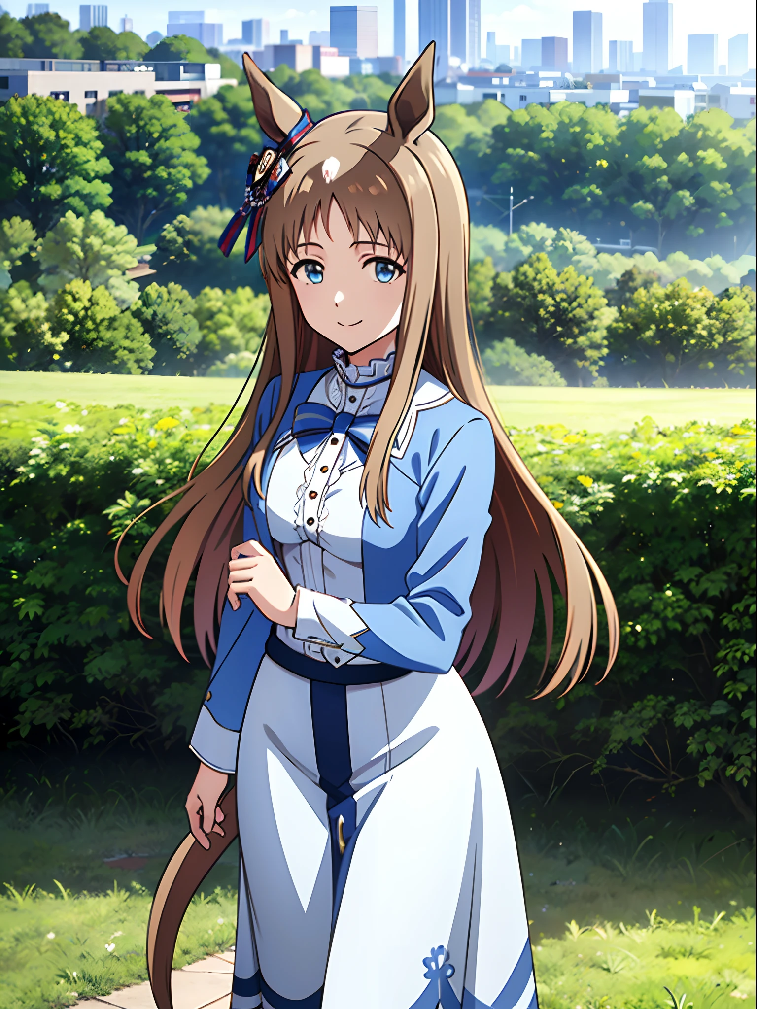 grass wonder \(Umamusume\), 1 girl, Solo, Best Quality, masterpiece, 8K, High resolution, Ultra-detailed, walking, light smile, white blouse, pastel blue skirt,
