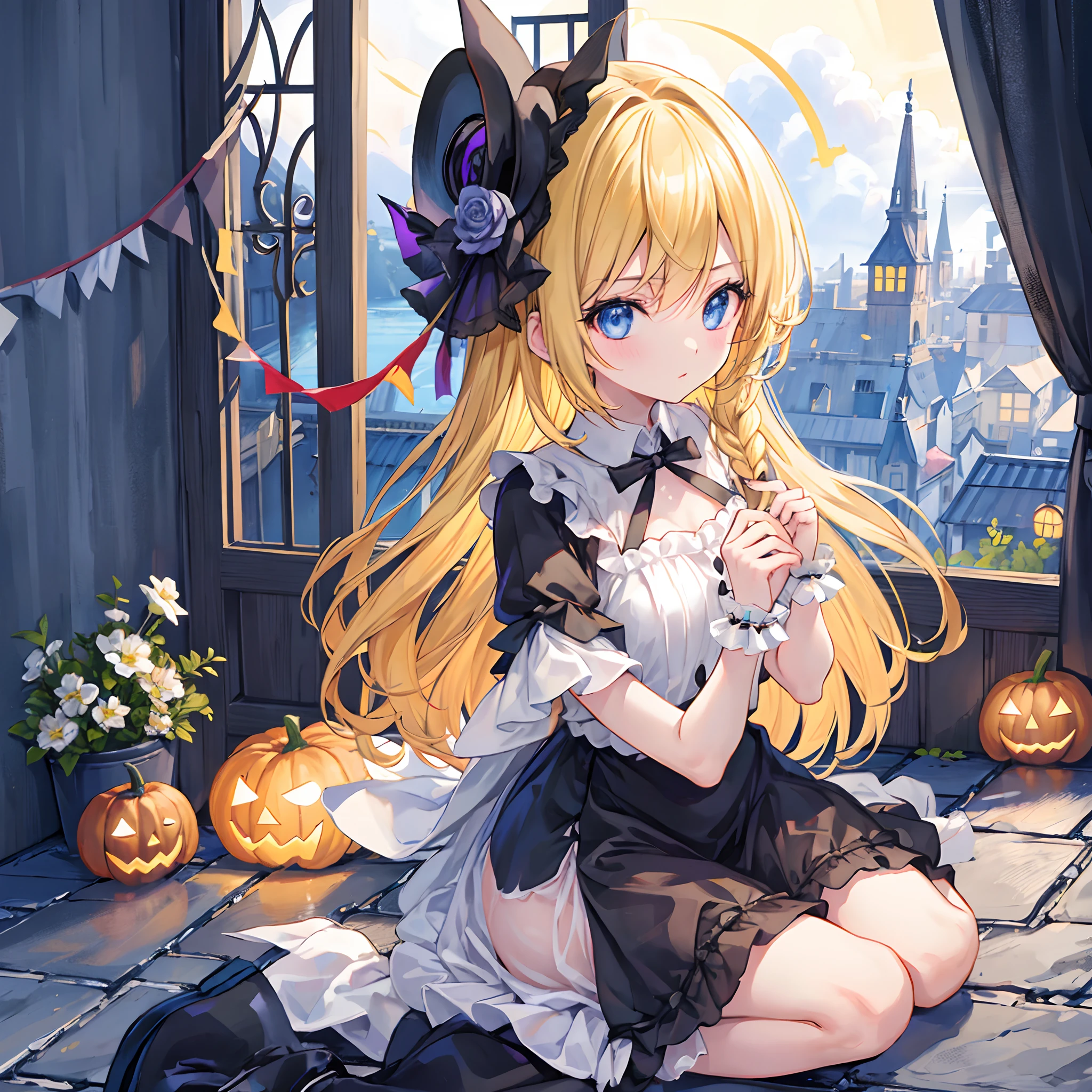 en 8K、highest qualityr、obra maestra、Ultra-detallado、Ultra-high resolution、kagamine rin 、halloween、Sombrero de bruja、una rubia、Cabello trenzado、vestido negro、hombros desnudos、escote de la mama、Makeups、sombras de ojos、Una pulsera、Ciudad medieval、Sit on the roof、gato negro