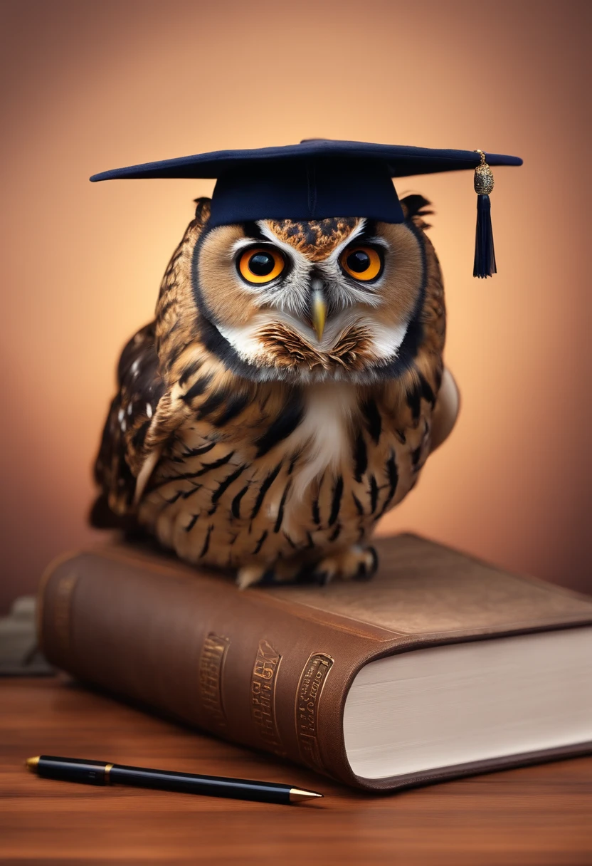 Logo, Owl on books. Around the owl calculator, pens and pencils. Owl in an academic cap. whitebackground, A kind look