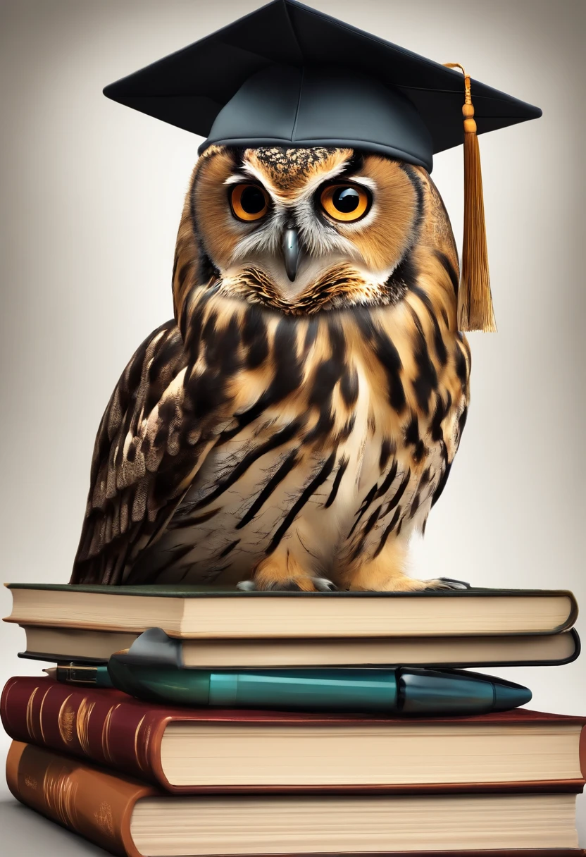 Logo, Owl on books. Around the owl calculator, pens and pencils. Owl in an academic cap. whitebackground, A kind look