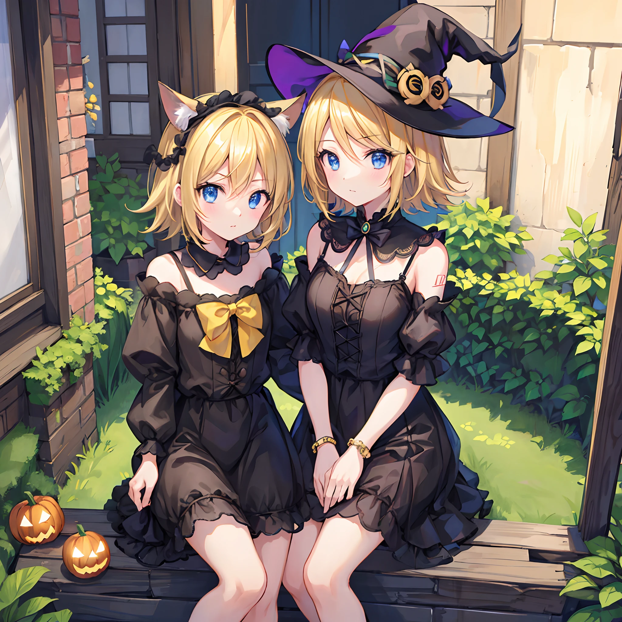 en 8K、highest qualityr、obra maestra、Ultra-detallado、Ultra-high resolution、kagamine rin 、halloween、Sombrero de bruja、una rubia、Cabello trenzado、vestido negro、hombros desnudos、escote de la mama、Makeups、sombras de ojos、Una pulsera、Ciudad medieval、Sit on the roof、gato negro