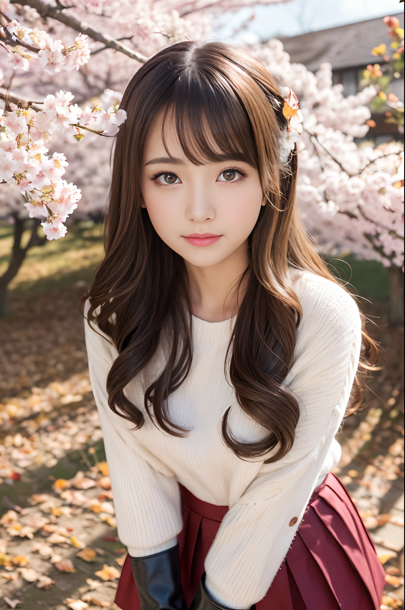 (Raw photo:1.2), (Photorealistic), Beautiful detailed girl, Very detailed eyes and face, Beautiful detailed eyes, Huge file size, High resolution, Very detailed, Best Quality, [masutepiece:1.6], Illustration, Very detailed, Fine detail, Best Quality, 8K Wallpaper, Movie Lighting, 15-year-old idol of Japan, autumn cherry blossoms Field, kawaii eyes, Long wavy black hair,  White sweater,  Brown pleated skirt, Red ribbons, Black boots, Slim Boti, Immature body, Young Face, Smaller chest,   autumn cherry blossoms all around,Autumn landscape, Autumn sunny, Sardine cloud, bright expression