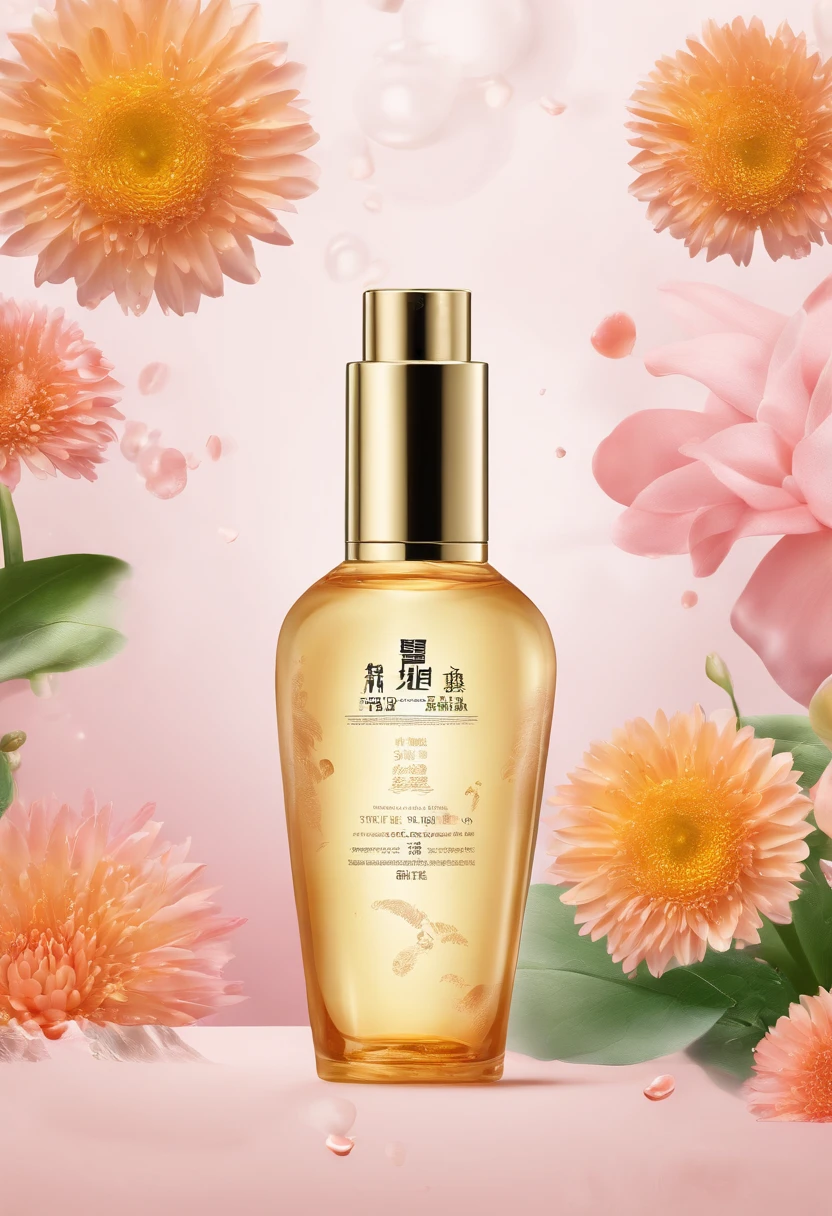(Best quality,4K,8K,A high resolution,Masterpiece:1.2),Ultra-detailed,(Realistic,Photorealistic,photo-realistic:1.37),A close-up of a bottle of Huang Jixiu cleansing oil and a selection of flowers, Clean face and body skin, Skincare, skin care, Take a picture of your skincare brand, Product photography, professional product shot, products shot, products shot, product display photograph, professional product photo, products shot, Minimalist design, photo product, natural skin tones, Clean gloss, natural skin tones, miniature product photo