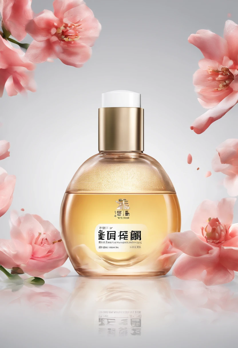 (Best quality,4K,8K,A high resolution,Masterpiece:1.2),Ultra-detailed,(Realistic,Photorealistic,photo-realistic:1.37),A close-up of a bottle of Huang Jixiu cleansing oil and a selection of flowers, Clean face and body skin, Skincare, skin care, Take a picture of your skincare brand, Product photography, professional product shot, products shot, products shot, product display photograph, professional product photo, products shot, Minimalist design, photo product, natural skin tones, Clean gloss, natural skin tones, miniature product photo