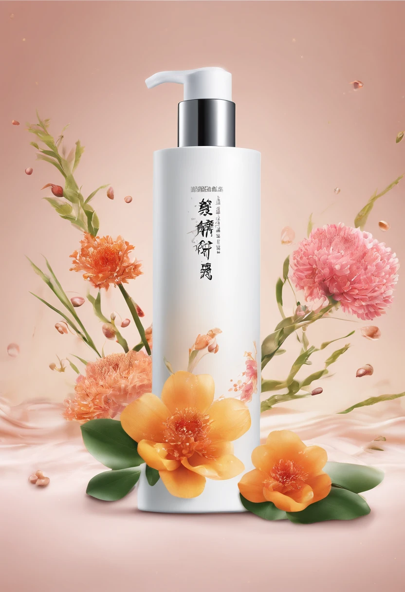 (Best quality,4K,8K,A high resolution,Masterpiece:1.2),Ultra-detailed,(Realistic,Photorealistic,photo-realistic:1.37),A close-up of a bottle of Huang Jixiu cleansing oil and a selection of flowers, Clean face and body skin, Skincare, skin care, Take a picture of your skincare brand, Product photography, professional product shot, products shot, products shot, product display photograph, professional product photo, products shot, Minimalist design, photo product, natural skin tones, Clean gloss, natural skin tones, miniature product photo