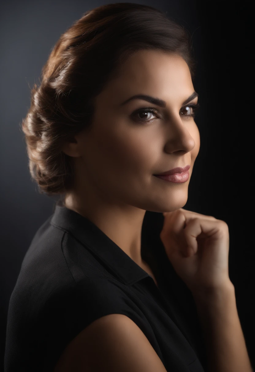 Arafed woman in black shirt posing for a studio portrait, studio portrait photo, no fundo preto, retrato promocional, standing with a black background, studio photo portrait, foto retrato profissional, professional studio photography, Studio portrait, fotografia de retrato profissional, studio photography portrait, na frente de um fundo preto, studio photographic portrait, Tiro de glamour, close - up studio photo, fotografia headshot