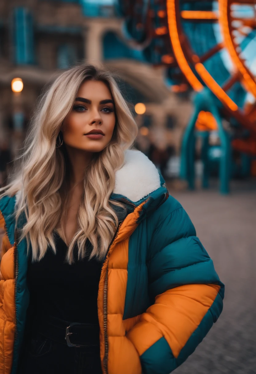 realistic white female instagram influencer, best quality, blonde, 1 girl, brown eyes, in puffer jacket and jeans infront of a Ferris wheeel