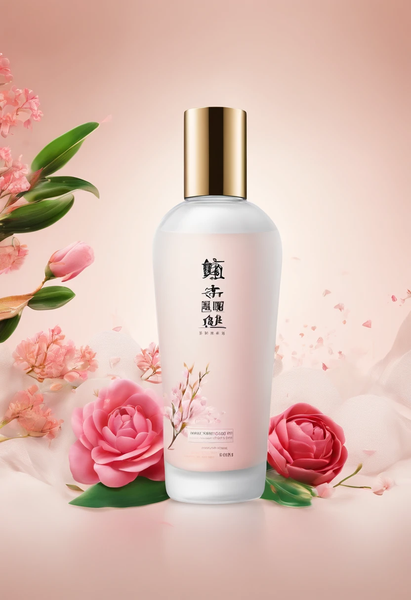 (Best quality,4K,8K,A high resolution,Masterpiece:1.2),Ultra-detailed,(Realistic,Photorealistic,photo-realistic:1.37),A close-up of a bottle of Huang Jixiu cleansing oil and a selection of flowers, Clean face and body skin, Skincare, skin care, Take a picture of your skincare brand, Product photography, professional product shot, products shot, products shot, product display photograph, professional product photo, products shot, Minimalist design, photo product, natural skin tones, Clean gloss, natural skin tones, miniature product photo