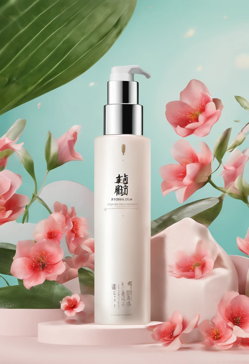 (Best quality,4K,8K,A high resolution,Masterpiece:1.2),Ultra-detailed,(Realistic,Photorealistic,photo-realistic:1.37),A close-up of a bottle of Huang Jixiu cleansing oil and a selection of flowers, Clean face and body skin, Skincare, skin care, Take a picture of your skincare brand, Product photography, professional product shot, products shot, products shot, product display photograph, professional product photo, products shot, Minimalist design, photo product, natural skin tones, Clean gloss, natural skin tones, miniature product photo