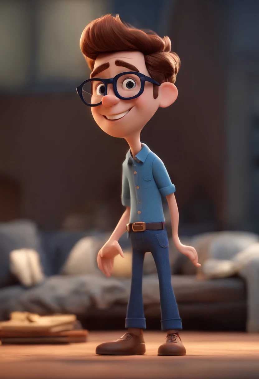 Cartoon character of a man wearing black glasses and a blue shirt, um personagem animado, Caractere estilizado, animation style rendering, 3D estilizado, Arnold Maya render, 3 d render stylized, toon render keyshot, Personagem 3D, Personagem 3D, 3d rendering stylized, 3 d character render, personagem de desenho animado, Personagem de close up, Pose de personagem, (Estilo Pixar) (master part:1.2) (Bokeh) (best quality) (pele detalhada) (textura detalhada) (8k) (argila) (Cinematic lighting) (foco nítido,Senta e vaza a parte superior do corpo