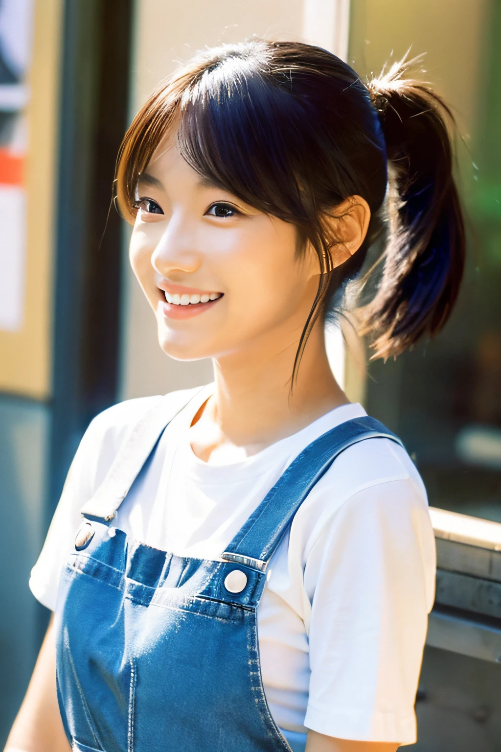 A Japanese woman aged 20 to 25, 155 cm tall, 44 kg, with a youthful face, large eyes, Enchanting smile, brown hair up to her shoulders in a ponytail, Wearing a T-shirt and hot pants, She is wearing a bra to support her 80 cm bust, a 55 cm waist, and an 80 cm hip, She has an overall slightly muscular physique, down to her feet. This is a realistic illustration of her, Fujicolor, first-person view, masterpiece