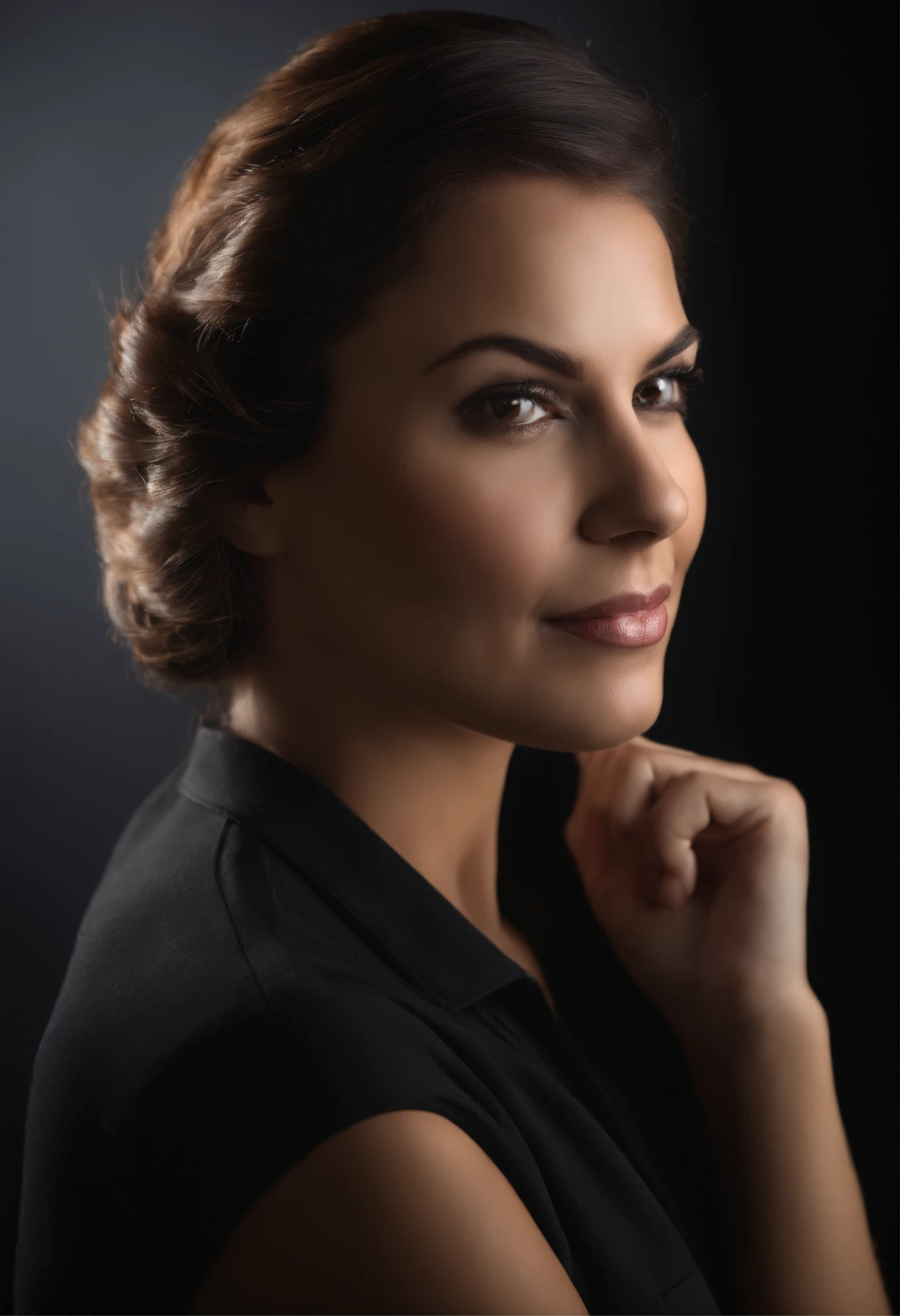 Arafed woman in black shirt posing for a studio portrait, studio portrait photo, no fundo preto, retrato promocional, standing with a black background, studio photo portrait, foto retrato profissional, professional studio photography, Studio portrait, fotografia de retrato profissional, studio photography portrait, na frente de um fundo preto, studio photographic portrait, Tiro de glamour, close - up studio photo, fotografia headshot