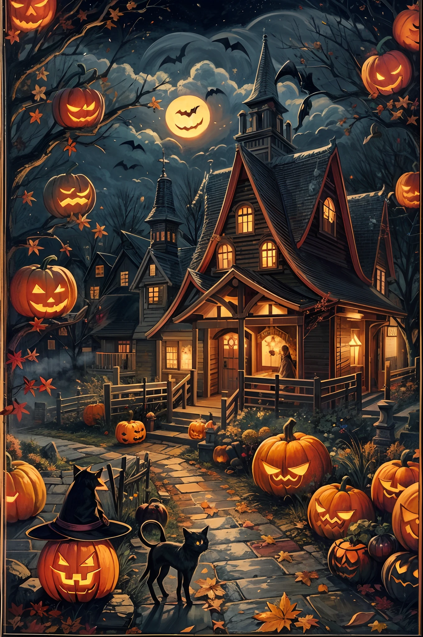 (best quality,4k,8k,highres,masterpiece:1.2),ultra-detailed,realistic,Halloween illustration,spooky atmosphere,dark shadows,ominous lighting,creepy characters,pumpkin lanterns,Haunted House,misty graveyard,full moon,witch flying on a broomstick,bats fluttering in the night sky,scary jack-o'-lanterns,witches' cauldron with bubbling potion,ghosts floating in the air,witches' hats and cloaks,witch's black cat with glowing eyes,spider webs and spiders,costumed children trick-or-treating,group of kids wearing spooky costumes,loads of candies and treats,trick-or-treat bags filled with sweets,autumn leaves falling,colorful harvest pumpkins,colorful fireworks lighting up the sky,candy apples on a stick,carved pumpkins with eerie faces,witches casting spells,full of mystery and enchantment,hauntingly beautiful art style,spooky color palette,nighttime scene with a touch of magic