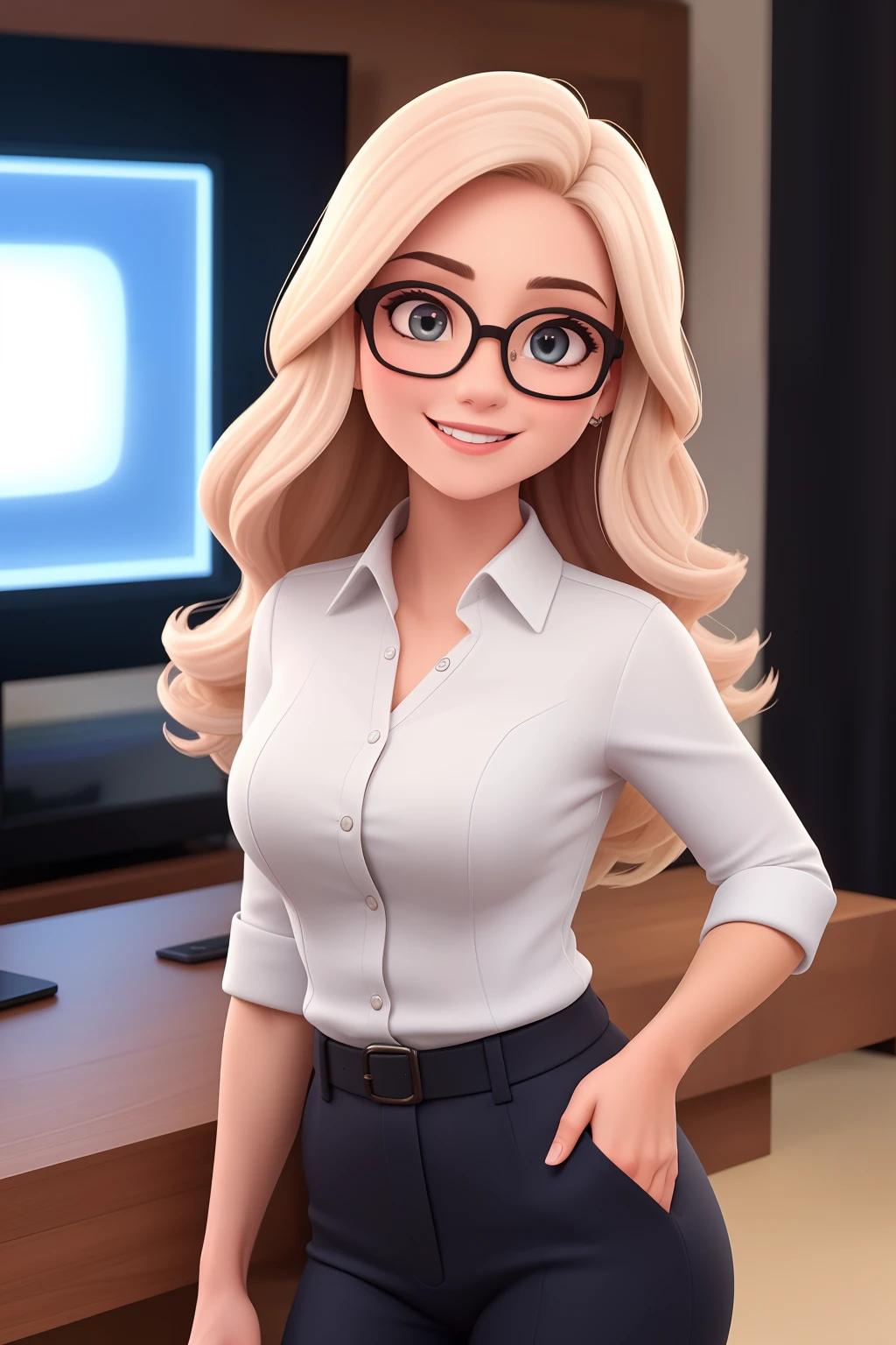 Uma mulher de 30 anos, com cabelos castanhos cumpridos, Rosto redondo, rosto redondo com sorriso encantador, e olhos castanhos, wearing glasses. TV presenter looking at the camera