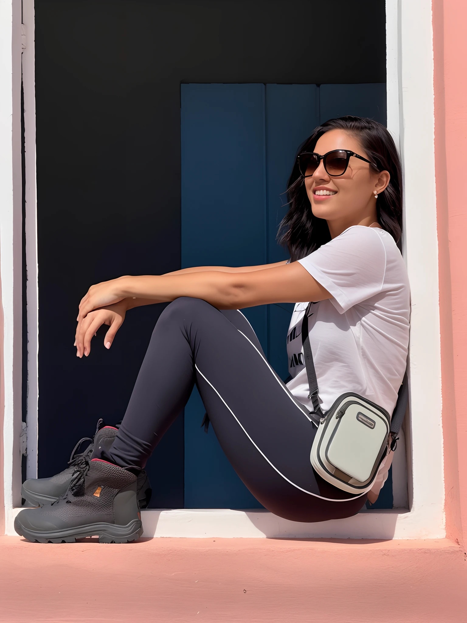 mulher sentada em um peitoril da janela com uma bolsa e uma bolsa, do lado de fora de uma casa, Fotografia de uma mulher techwear, Pose casual, com uma pose cool, white shorts and hiking boots, Fotografia tirada em 2 0 2 0, woman is sitting, imagem retrato, Uma jovem mulher exploradora urbana, 🤬 🤮 💕 🎀, usando roupas sujas de viagem