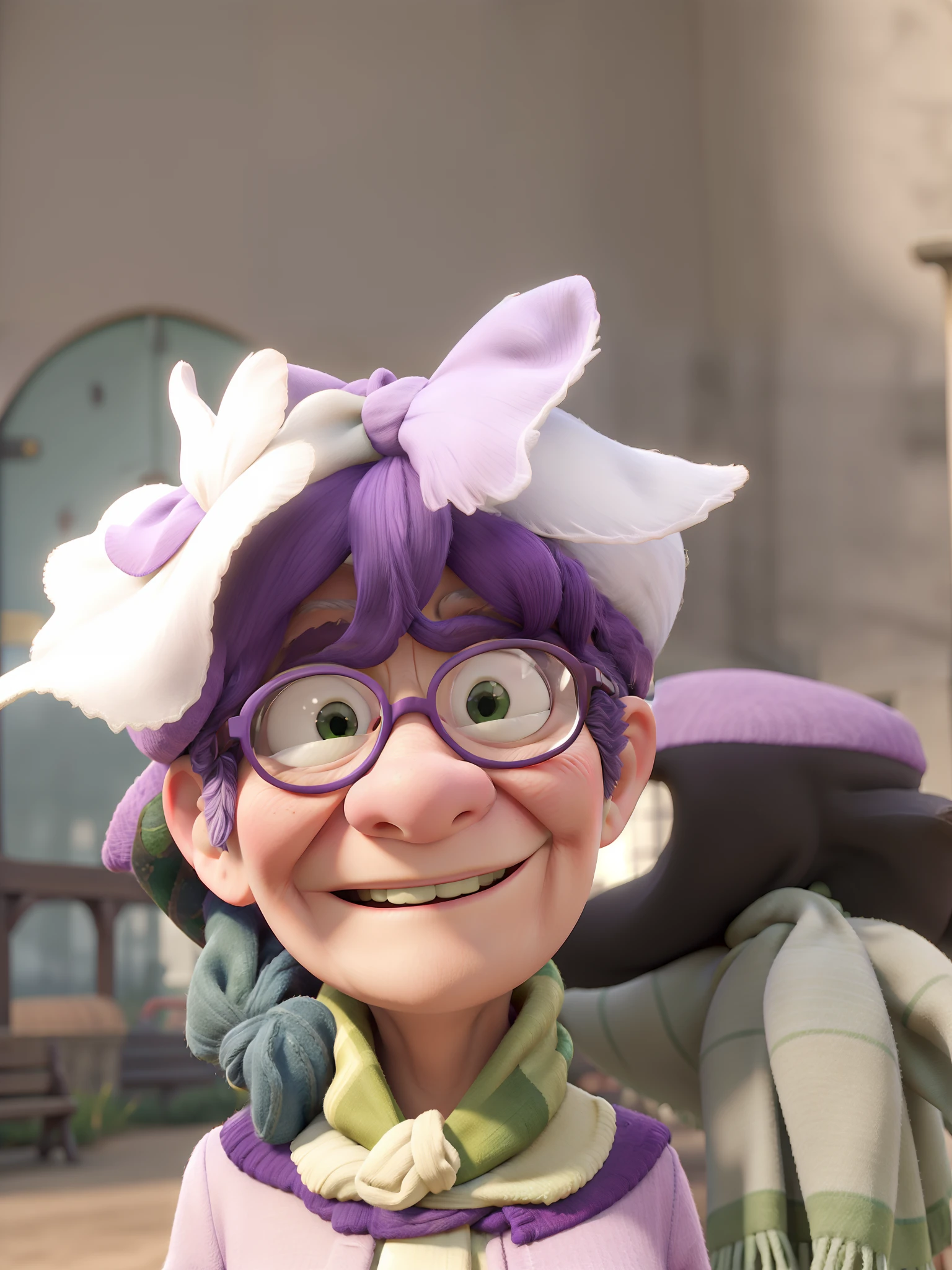 masterpiece, best quality, an old woman with glasses and a scarf on, wearing a purple coat and green scarf, standing at the park