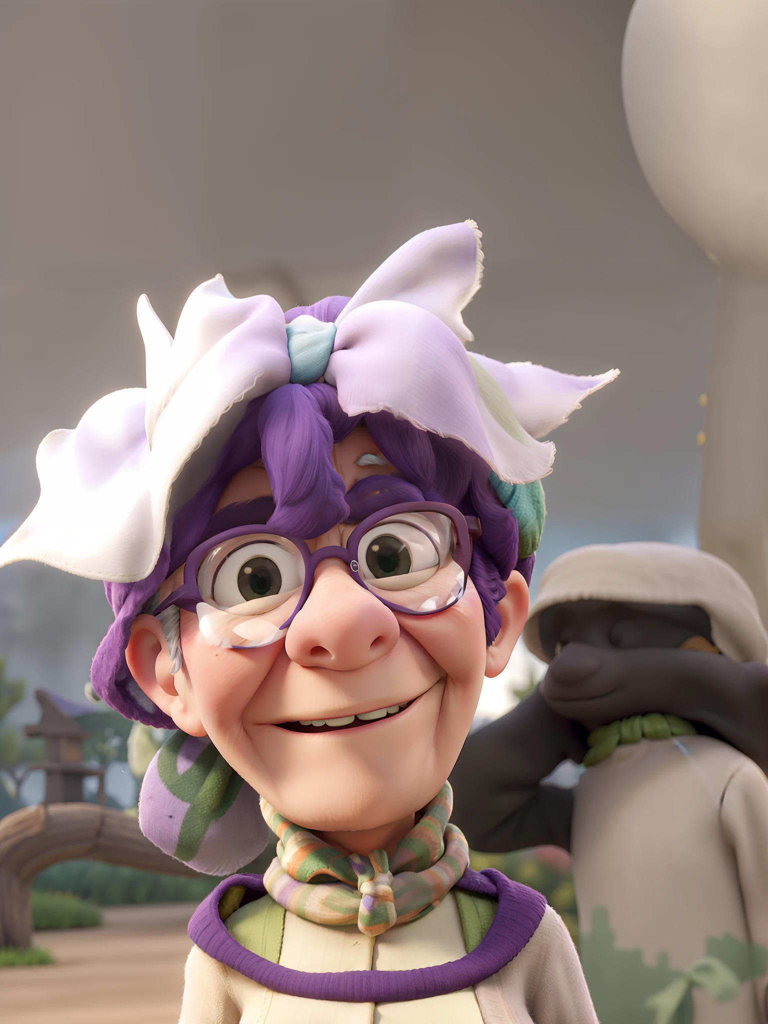 masterpiece, best quality, an old woman with glasses and a scarf on, wearing a purple coat and green scarf, standing at the park