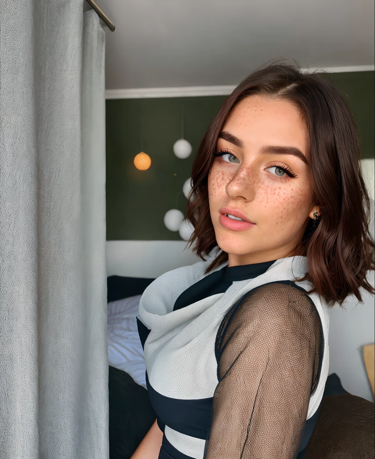 23 year old hyper realistic Irish girl with freckles without tattoos in selfie mode for instagram snapchat influencer with curves in dress big eyelashes. evening