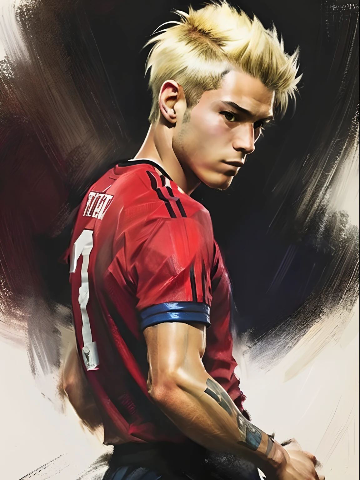 Homem Soccer Player face, style greg rutkowski realist, style anime, Japanese , cabelo platinado, com tatuagens