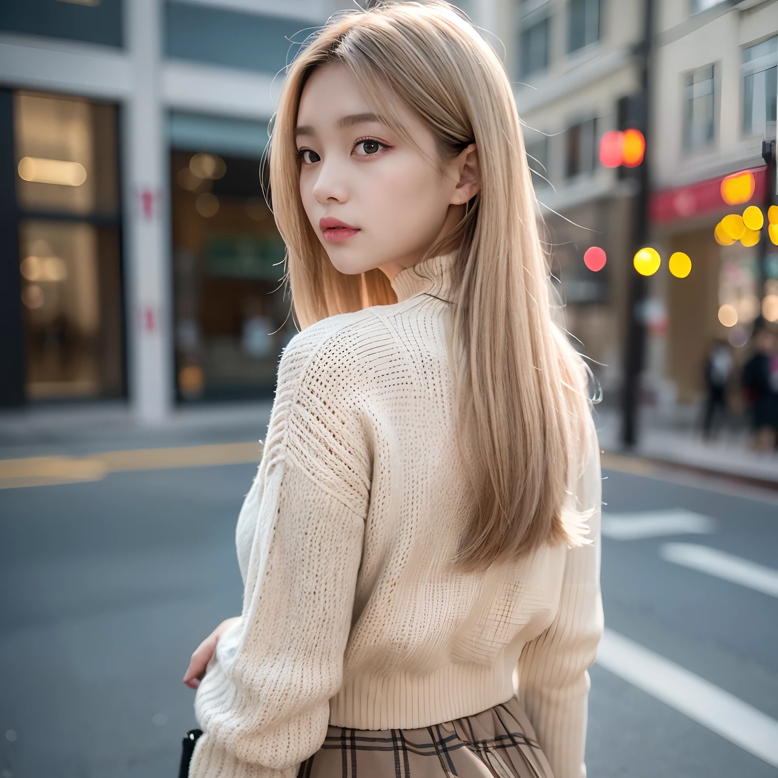 RAW photo of a girl、(masterpiece:1.1)、top-quality、超A high resolution、high detal、(Photorealsitic:1.4)、sharp、Focus、Details of face、(eyebrow piercing:1.1)、A detailed eye、A detailed face、1girl in、Long sleeve white high neck knit、Black tight skirt、(Faded beige hair:1.2)、posterior view、Wagas、takeout、a street、straight haired、Hair quality improvement