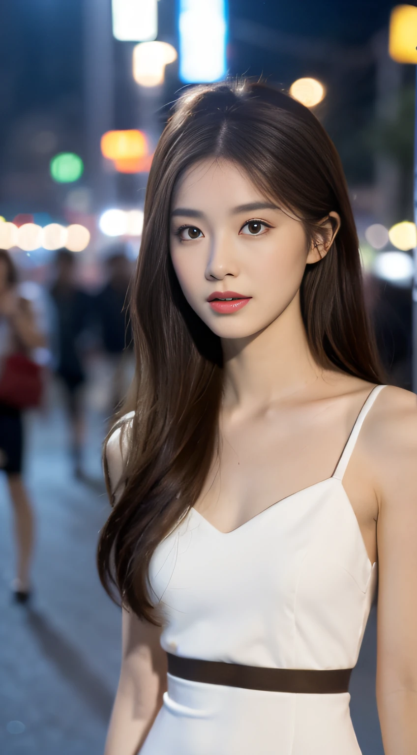 ((Realistic lighting, Best quality, 8K, Masterpiece: 1.3)), Focus: 1.2, 1girl, Perfect Figure: 1.4, Slim Abs: 1.1, ((Dark brown hair)), (White dress: 1.4), (Outdoor, Night: 1.1), City streets, Super fine face, Fine eyes, Double eyelids,