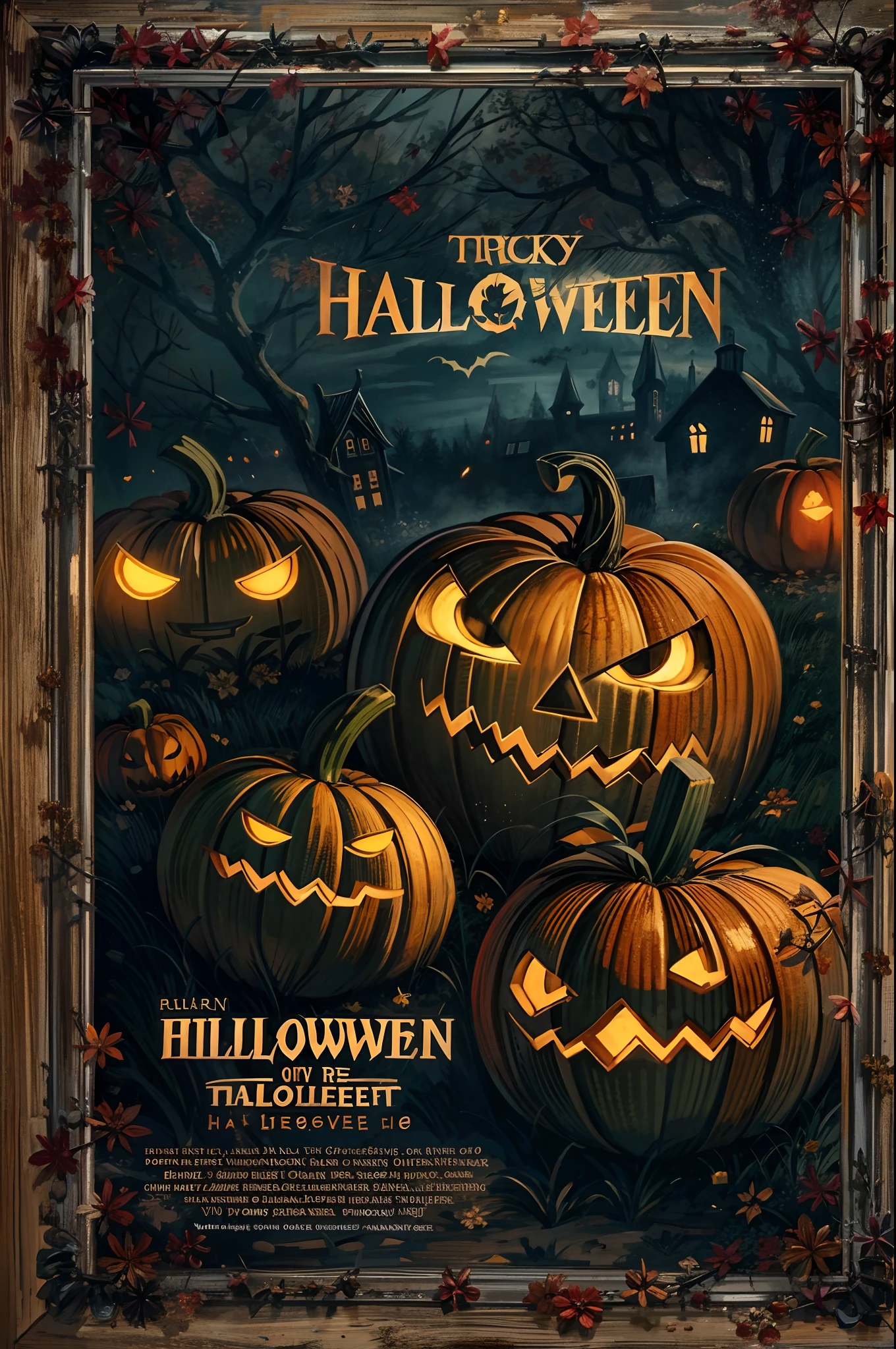 best quality,4k,8k,highres,masterpiece:1.2,image of a PG13 movie poster of Halloween,[illustration],horror,mysterious atmosphere,dark lighting,spooky background,sinister characters,ghostly apparitions,detailed haunted house,eerie moonlight,scary masks,bloodcurdling screams,creepy shadows,ominous fog,thrilling suspense,vivid colors,hauntingly beautiful,haunting eyes,intense expressions,haunted forest,sinister pumpkins,kids in costumes,trick or treat,macabre decorations,haunting soundtrack