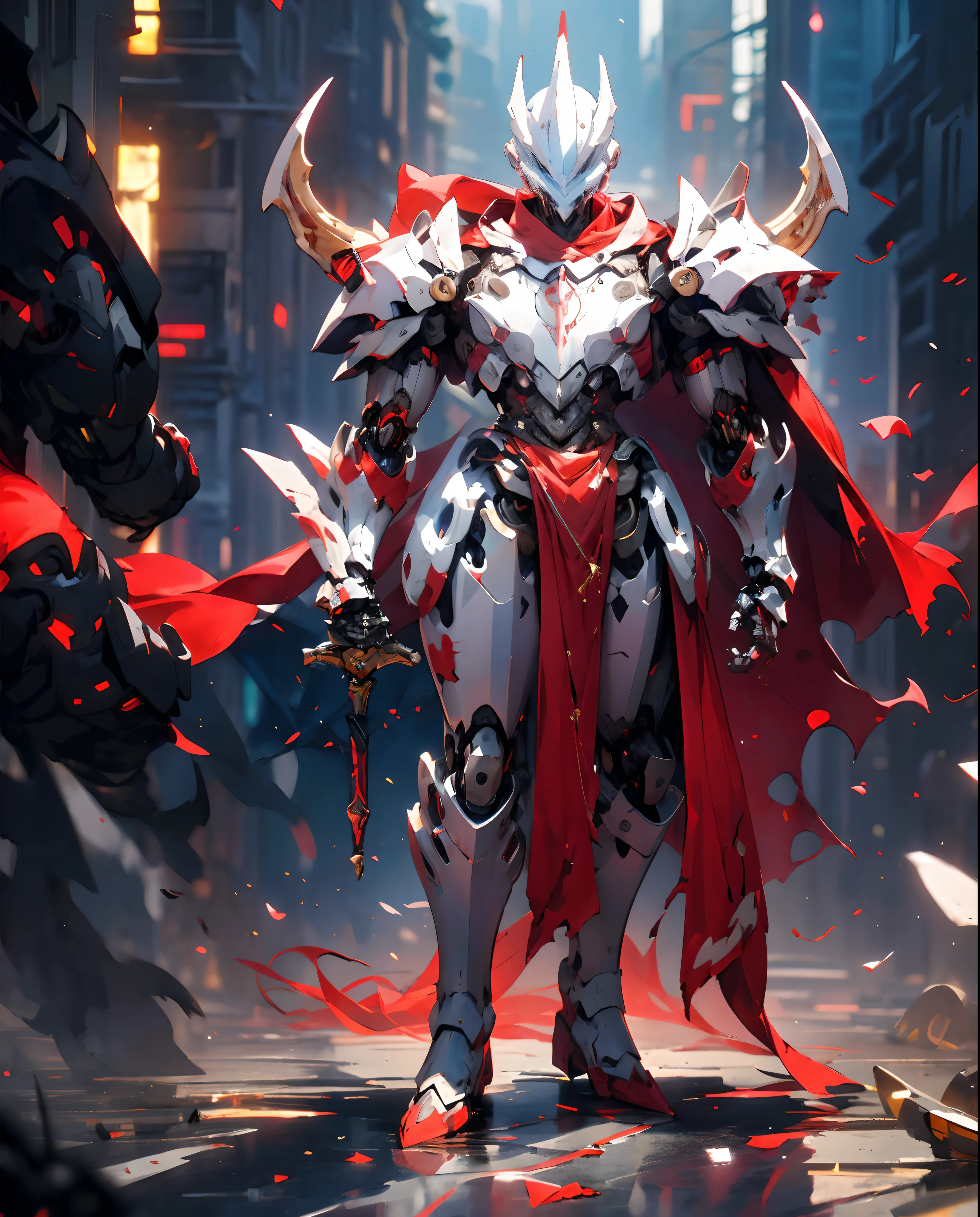 (masterpiece:1.2), best quality,PIXIV,
robot boy,weapon, sword, armor, holding weapon, holding, holding sword, solo, gauntlets, cape, red cape, full armor, helmet, torn cape, male focus, standing, glowing, shoulder armor, red theme, pauldrons, breastplate, torn clothes, greaves, crack, horns, knight, torn, armored boots