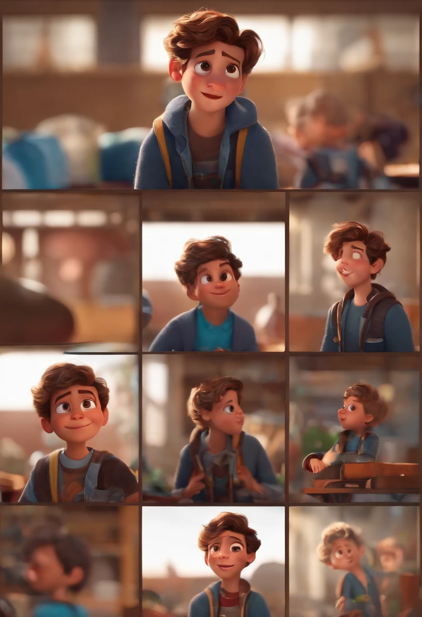 Image of a boy for a story in a YouTube video in Pixar format, He's the little allabester, He's the class leader, He's outgoing, Playful and gets up for a lot of things, cabelo curto