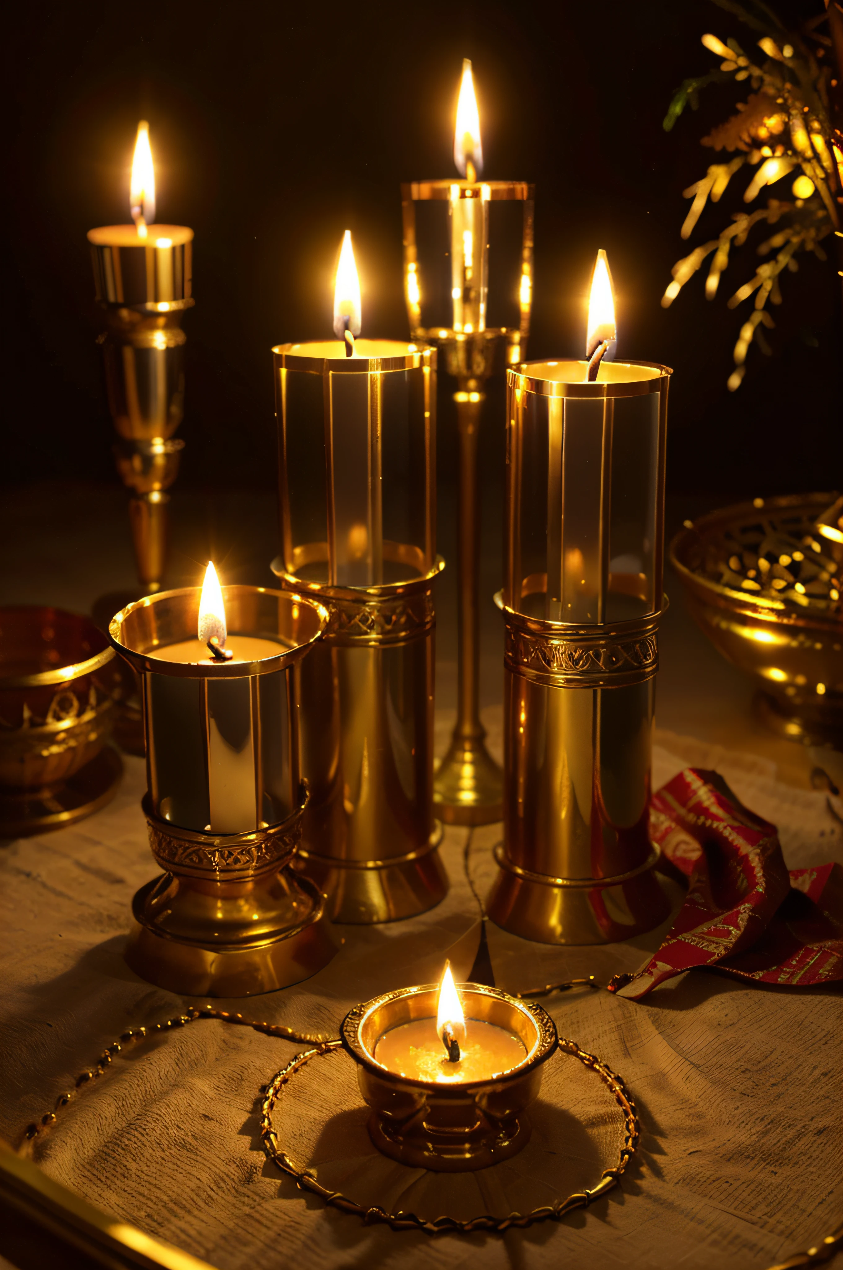 Craft a mesmerizing Diwali scene filled with flickering candles, radiant diyas, and ornate decorations. Let the warm, golden glow of the candles and diyas illuminate the festive atmosphere, capturing the essence of joy and celebration.