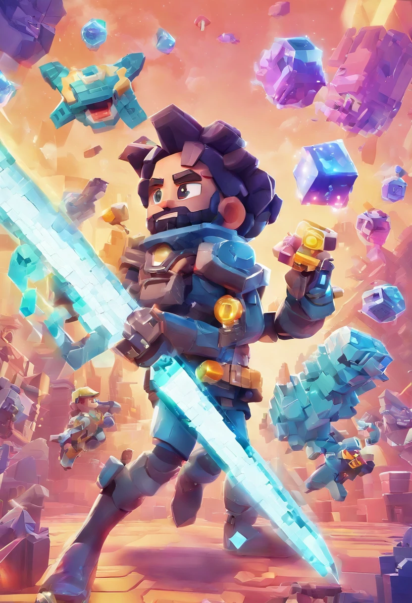 This character is a Pixar-style creation, with a unique and surprising touch. It has a combination of features reminiscent of Noah Schnapp (coisas estranhas) e Cole Sprouse, giving it a captivating and unusual appearance. He is a young man with dark hair and striking blue eyes, which adds an intriguing and unusual allure to your persona. His well-groomed beard lends an air of maturity and wisdom to his youthful face. Ele tem cerca de 19 anos.

He is immersed in a technological aura, loading a cloud that resembles the iconic Amazon Web Services logo (AWS). Essa nuvem paira em torno dele, emitindo um suave, luz azulada, criando um contraste atraente com seu tom de pele.

in her hands, Ele empunha espadas que parecem ter sido arrancadas diretamente do mundo dos jogos, especialmente inspirado no Minecraft. These swords have a unique design with pixelated blocks and textures, fazendo-os se destacar quando ele os empunha.

Ele se encontra em um ambiente que combina elementos de jogos populares como Fortnite, Contra-ataque, e Minecraft. Os arredores oferecem uma mistura de paisagens diversas, Featuring a combination of intricate structures, futuristic buildings, and breathtaking natural landscapes. Whichever way he looks, You can identify characteristics of these games, From iconic buildings to familiar environmental elements.

Este personagem mistura tecnologia, magica, e elementos de jogos, making him a truly unique and captivating figure in his own fantasy world."