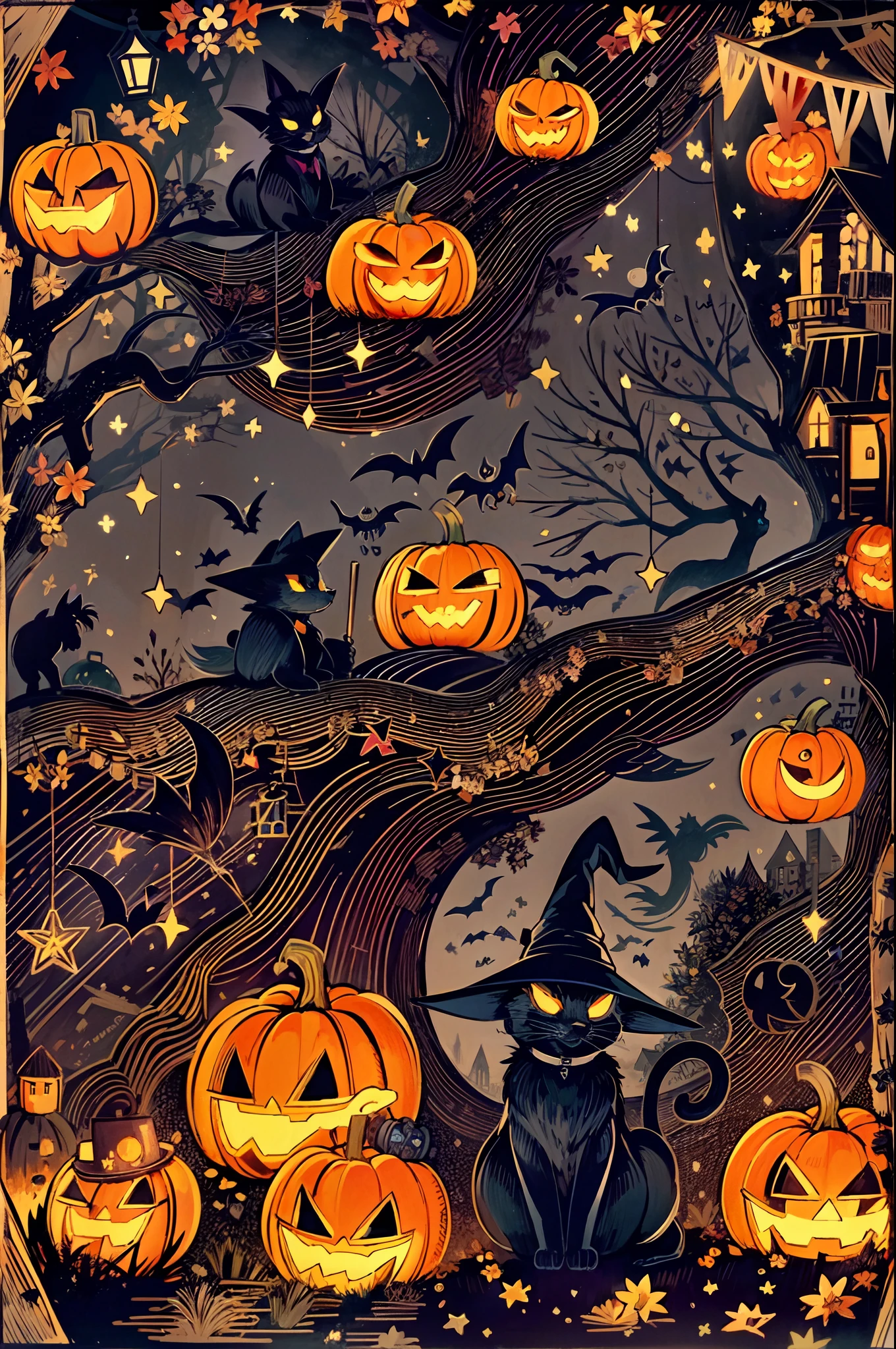 (best quality,4k,8k,highres,masterpiece:1.2),ultra-detailed,realistic,Halloween illustration,spooky atmosphere,dark shadows,ominous lighting,creepy characters,pumpkin lanterns,Haunted House,misty graveyard,full moon,witch flying on a broomstick,bats fluttering in the night sky,scary jack-o'-lanterns,witches' cauldron with bubbling potion,ghosts floating in the air,witches' hats and cloaks,witch's black cat with glowing eyes,spider webs and spiders,costumed children trick-or-treating,group of kids wearing spooky costumes,loads of candies and treats,trick-or-treat bags filled with sweets,autumn leaves falling,colorful harvest pumpkins,colorful fireworks lighting up the sky,candy apples on a stick,carved pumpkins with eerie faces,witches casting spells,full of mystery and enchantment,hauntingly beautiful art style,spooky color palette,nighttime scene with a touch of magic
