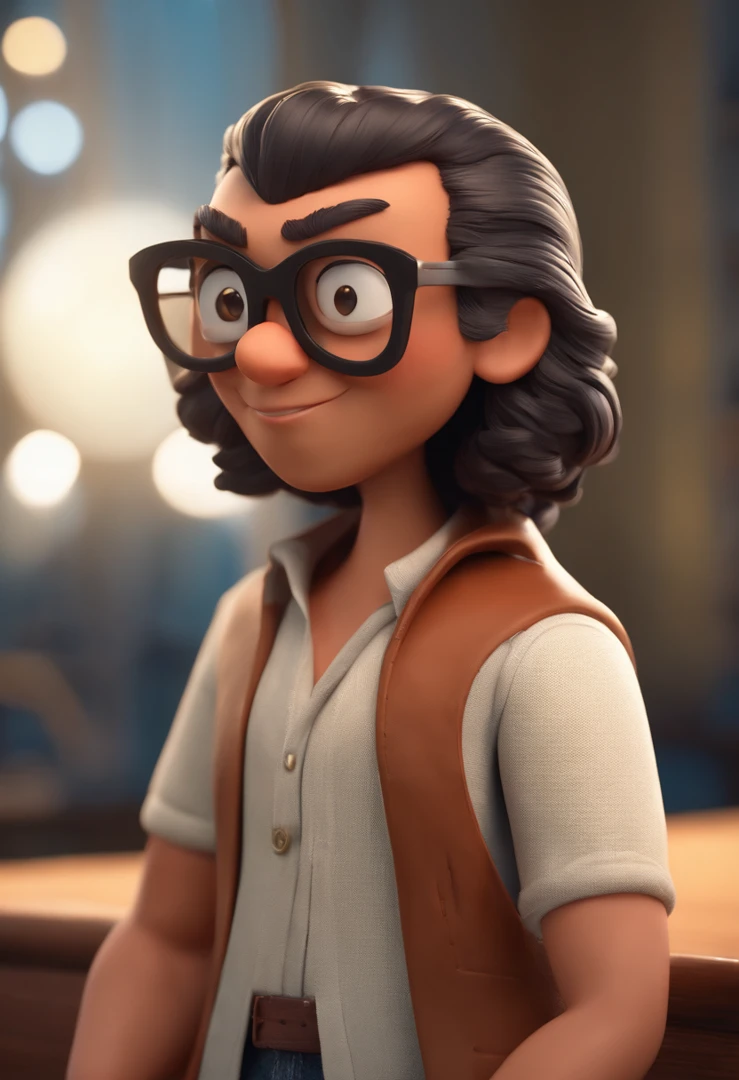Cartoon character of a man wearing black glasses, com barba na cor branca, rosto redondo e uma camisa azul, um personagem animado, Caractere estilizado, animation style rendering, 3D estilizado, Arnold Maya render, 3 d render stylized, toon render keyshot, Personagem 3D, Personagem 3D, 3d rendering stylized, 3 d character render, personagem de desenho animado, Personagem de close up, Pose de personagem, (Estilo Pixar) (master part:1.2) (Bokeh) (best quality) (pele detalhada) (textura detalhada) (8k) (argila) (Cinematic lighting) (foco nítido，Senta e vaza a parte superior do corpo