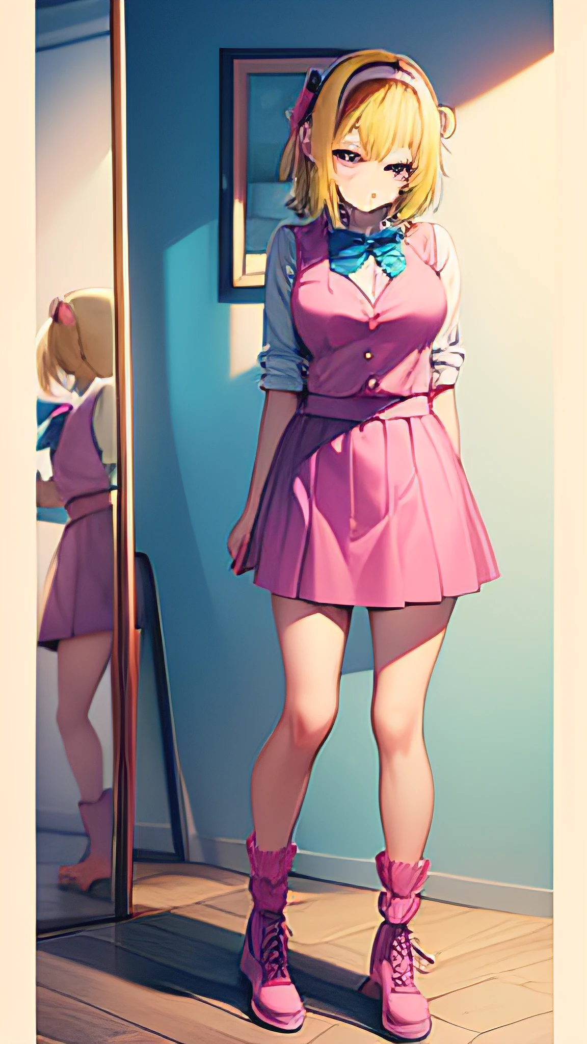 23 year old girl with short yellow hair and a bow tie shaped headband, wearing a blue shirt, a pink vest, short magenta skirt and magenta boots standing in front of mirror