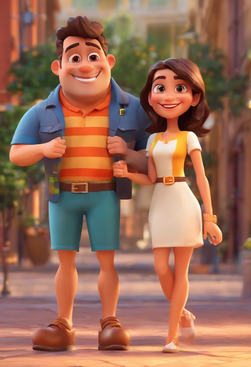 An illustration of an adorable couple, Highlight for a chubby mulatto man with glasses smiling and a brunette woman with beautiful expressive eyes - the man's skin is mulatto and the man's hair haswhile the woman's skin is black and the woman's hair is straight and brown. They are a bright room, cada um com um sorriso no rosto, e compartilhar um momento especial caracterizado pelo amor, Insights. Illustrate this scene from a perspective where they are facing the camera, Smiling and Showing Your Connection. Desenvolva esta arte em Full HD, Focus on your cinematic touch, Estilo Disney Pixar Animations