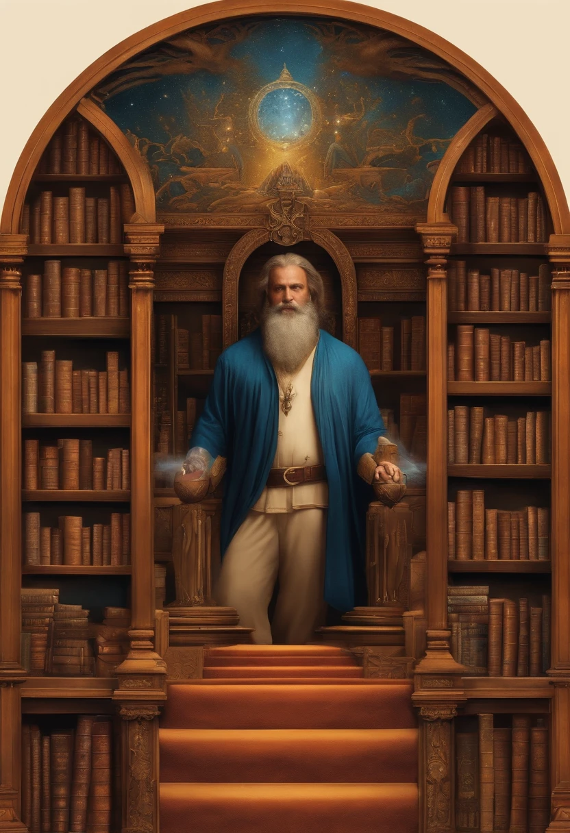 Um homem forte de frente, with a background full of books and computers and mystical and esoteric symbologies