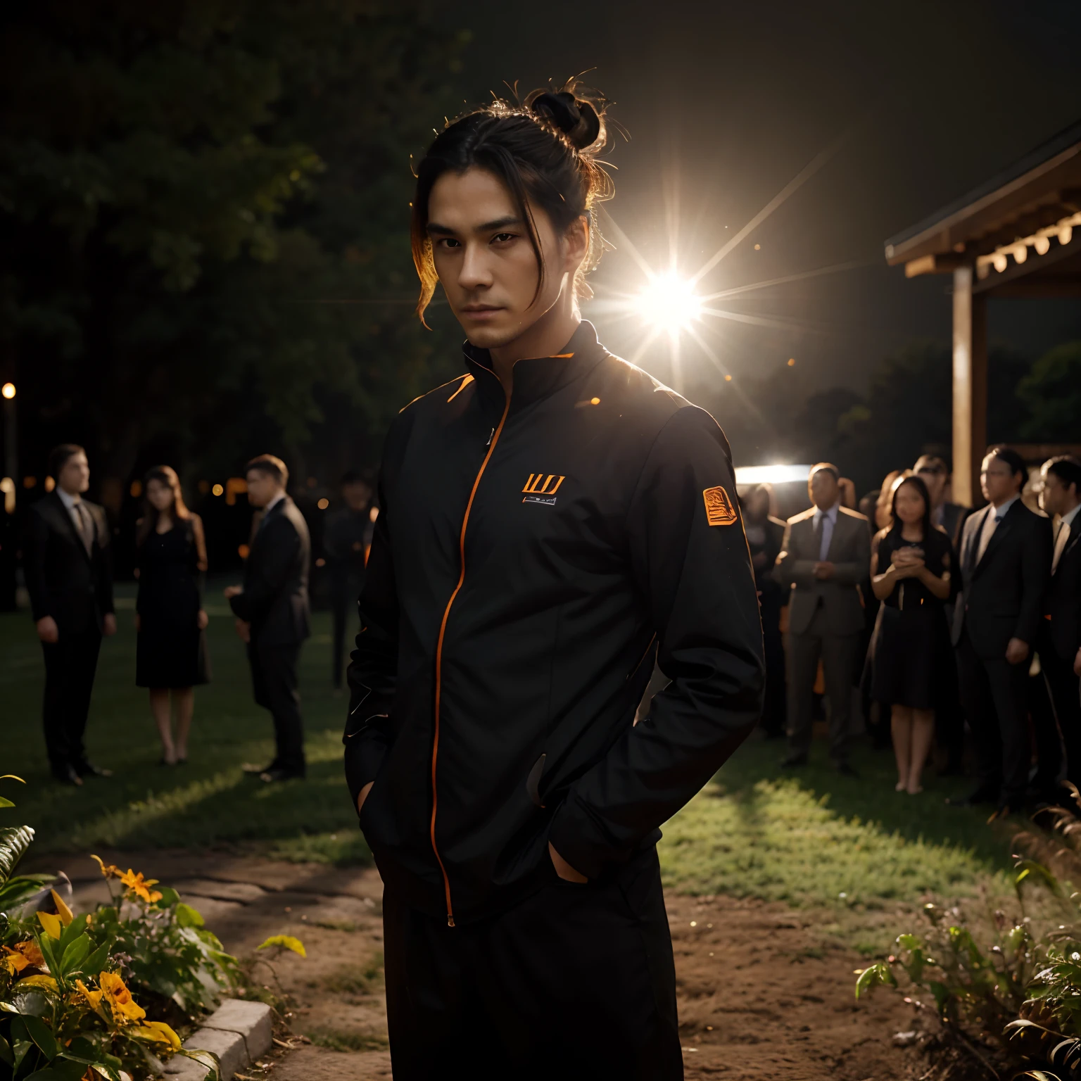 A smart men looking a viewer, black long bun hair, orange colour suit, warm tone, change background like friends weeding event ultra detailed background,hyper realistic, cinematic tone, 8k resolution, side lens flare, height men, fit body,