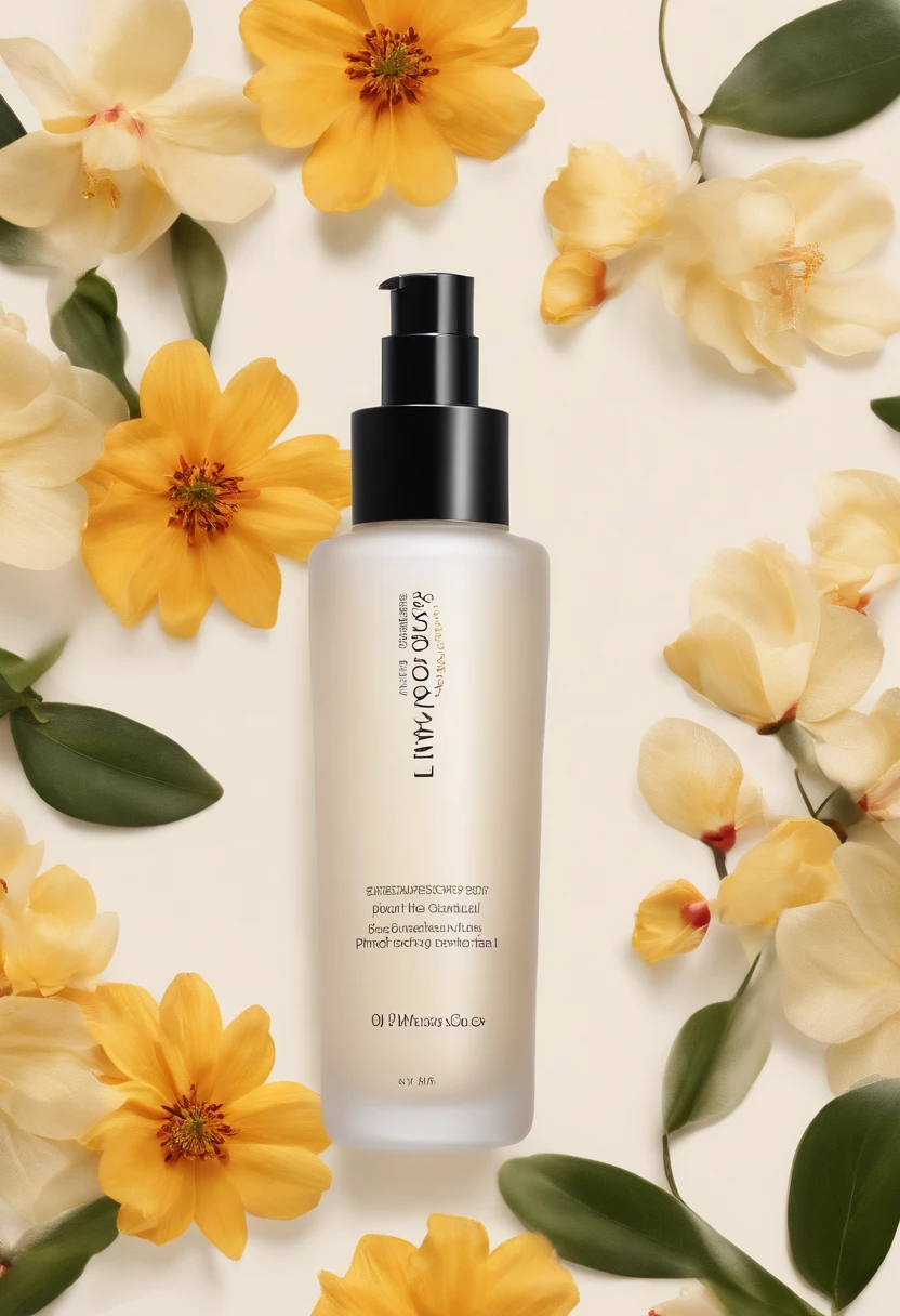 (Best quality,4K,8K,A high resolution,Masterpiece:1.2),Ultra-detailed,(Realistic,Photorealistic,photo-realistic:1.37),One bottle(huangjisoo)Close-up of cleansing oil and selected flowers, Clean face and body skin, Skincare, skin care, Take a picture of your skincare brand, Product photography, professional product shot, products shot, products shot, product display photograph, professional product photo, products shot, Minimalist design, photo product, natural skin tones, Clean gloss, natural skin tones, miniature product photo
