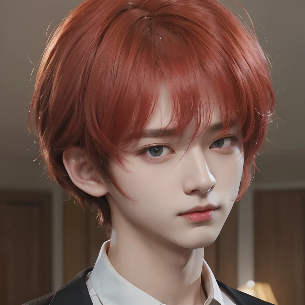 A boy with realistic red hair, realistic bright yellow eyes, realistic Korean handsome face,Realistic cool expressions, realistic white shirts, realistic black jackets,Realistic light, realistic shadows,Realistic background