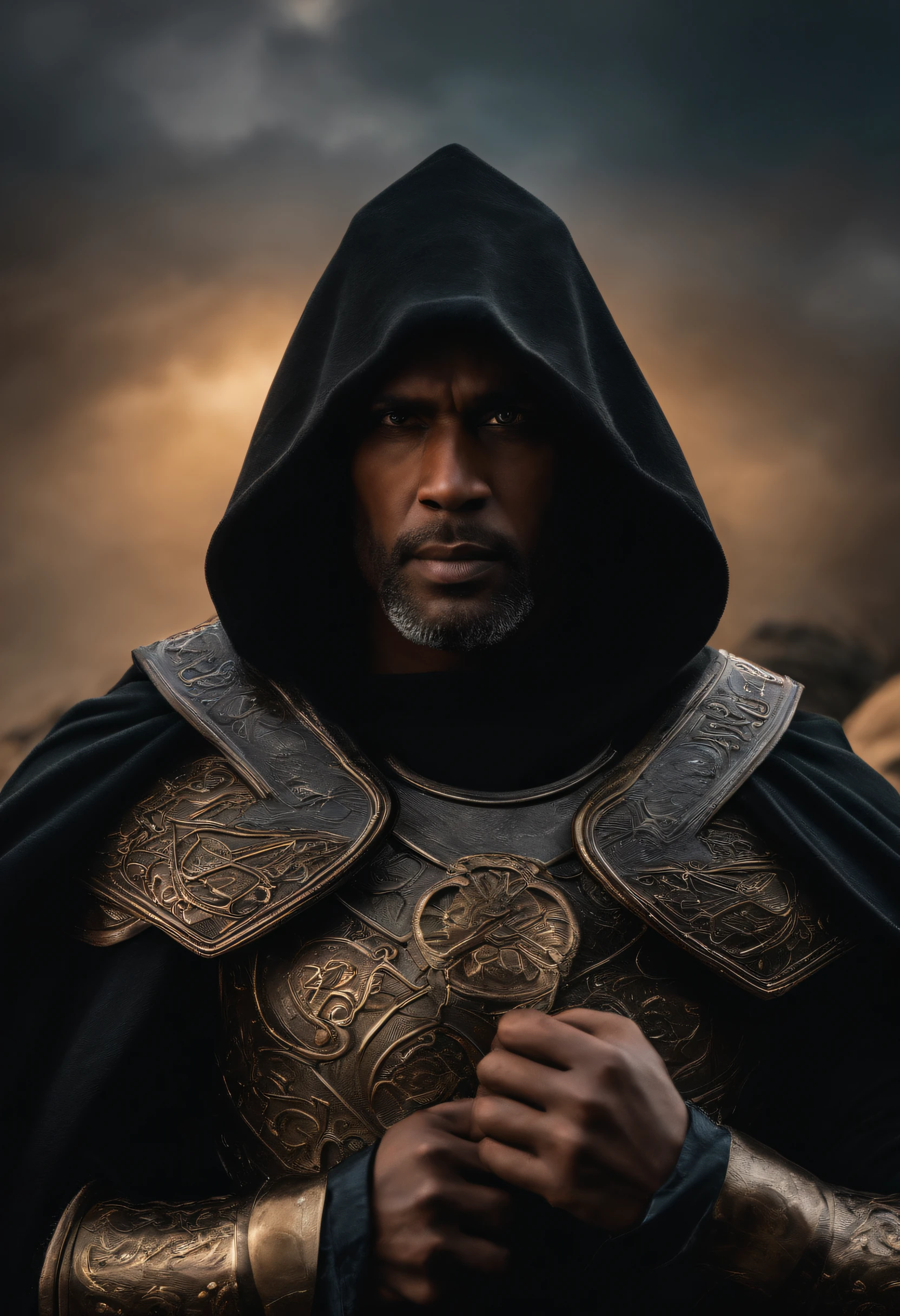 Homem com cicatrizes no rosto com uma armadura preta e capa, segurando o mjolnir. And a nun with 8 arms facing this man. 4k, realista, sem erros.